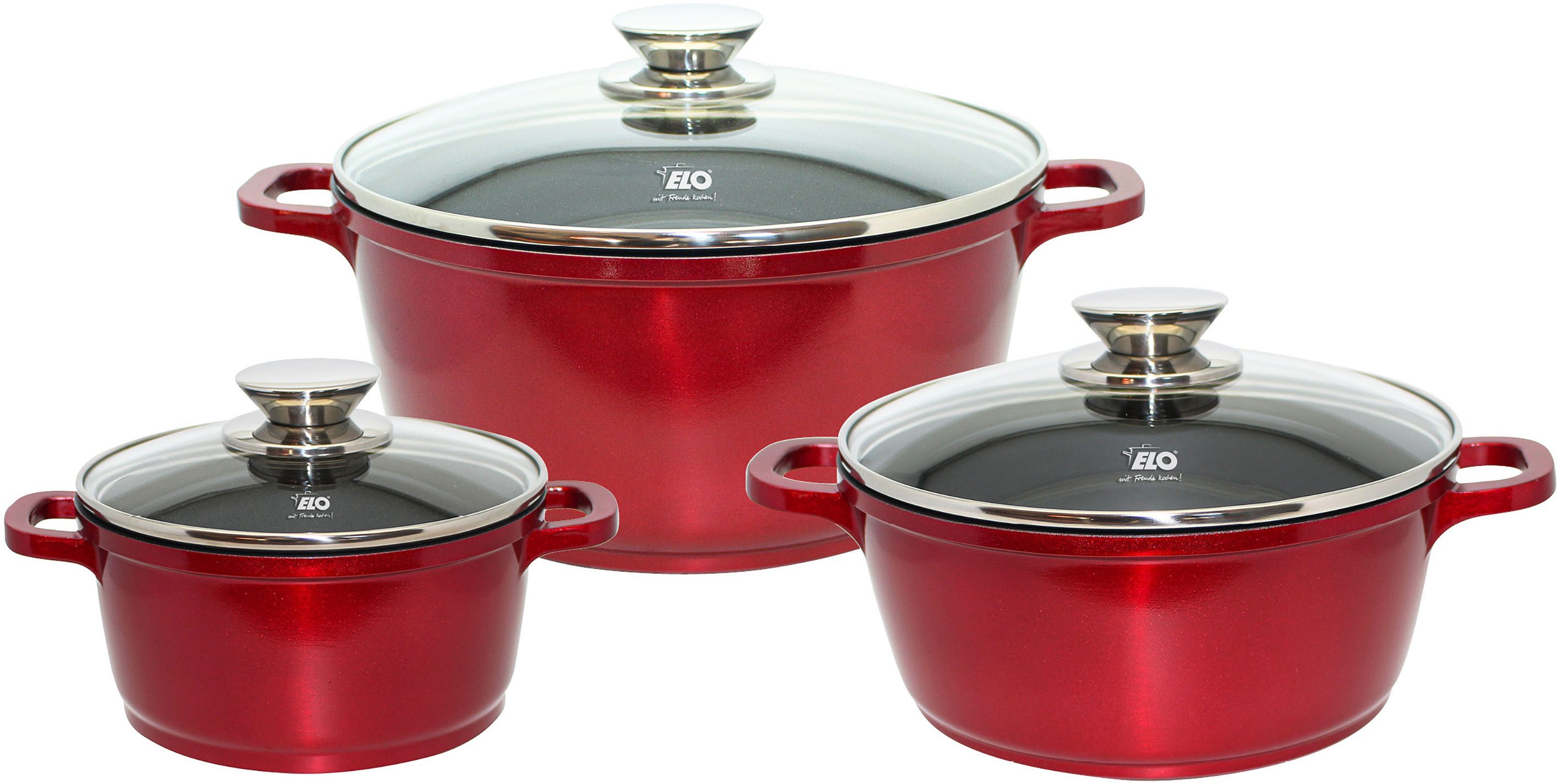 Elo Topf-Set Rubino Topfset 3-teilig, Aluminiumguss (Set, 6-tlg), mit Glitzer-Glamour-Effekt