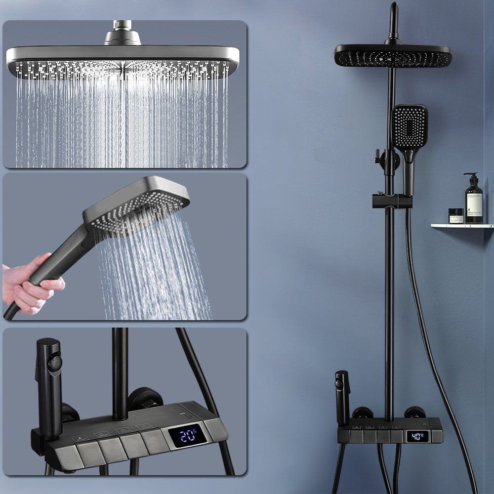 XERSEK Brausegarnitur Duschsystem mit Armatur  4-Funktions-Badezimmer-Duschset mit Display, 3 Strahlart(en), Kuper,  Schwarz, Regendusche+Belebende Strahlart