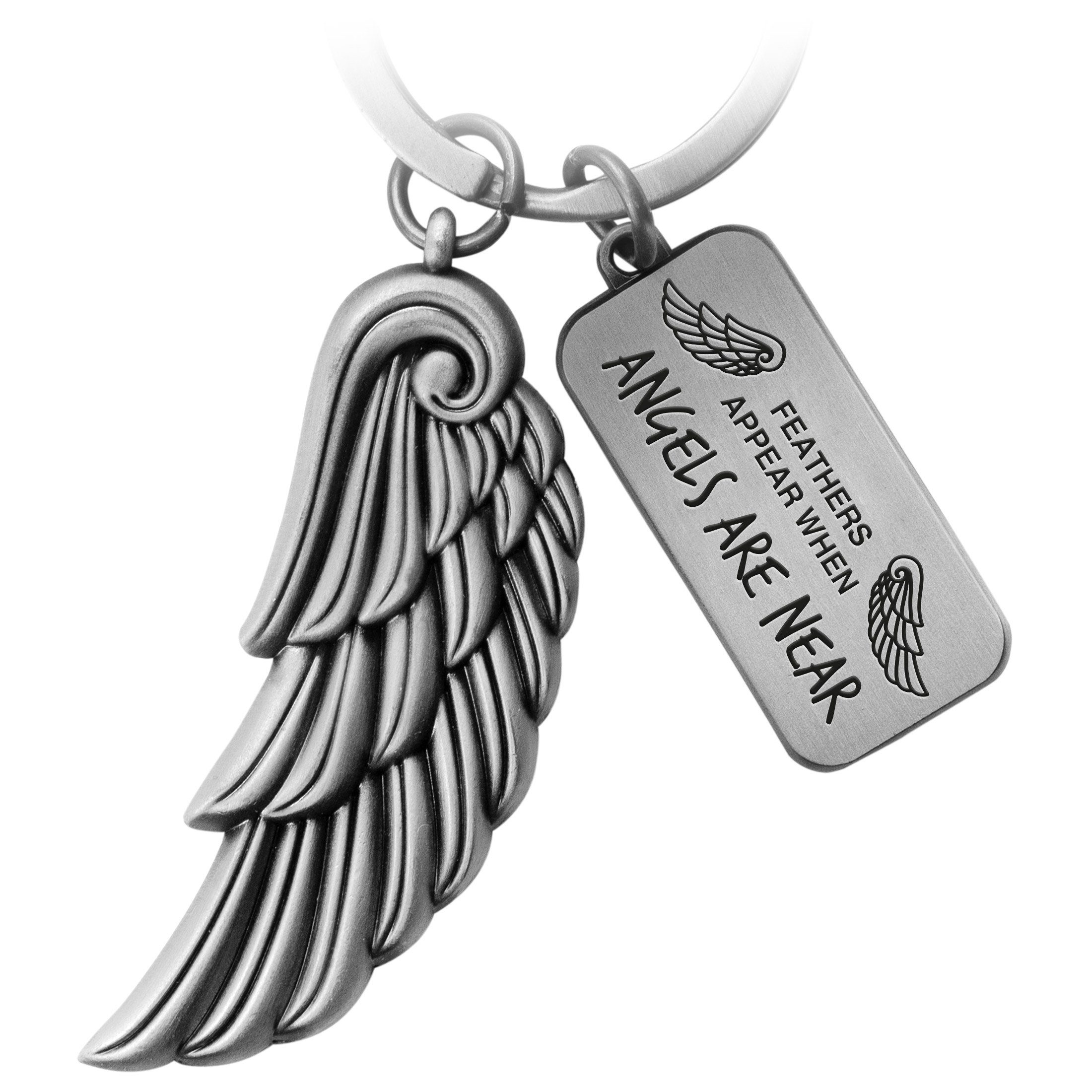 FABACH Schlüsselanhänger Engelsflügel Angel mit Gravur - Angels Are Near - Schutzengel Geschenk Antique Silber