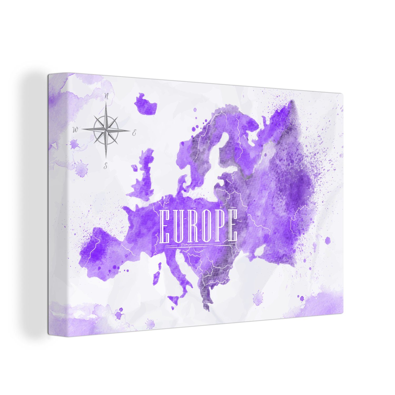 OneMillionCanvasses® Leinwandbild Europa - Weltkarte - Farbe, (1 St), Wandbild Leinwandbilder, Aufhängefertig, Wanddeko, 30x20 cm