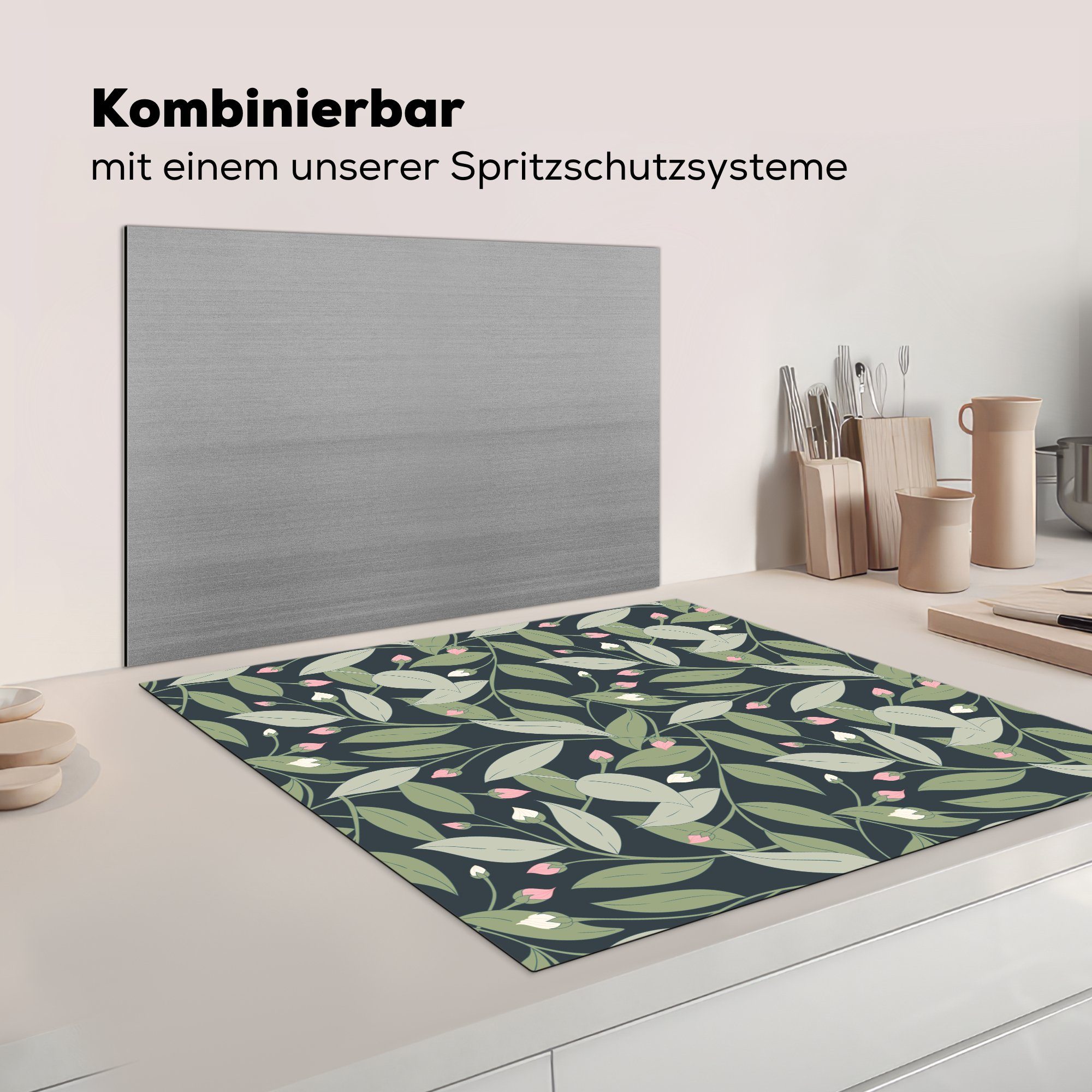 küche cm, Herdblende-/Abdeckplatte Ceranfeldabdeckung, - für - 78x78 (1 Muster, Arbeitsplatte Blumen tlg), MuchoWow Vinyl, Blätter