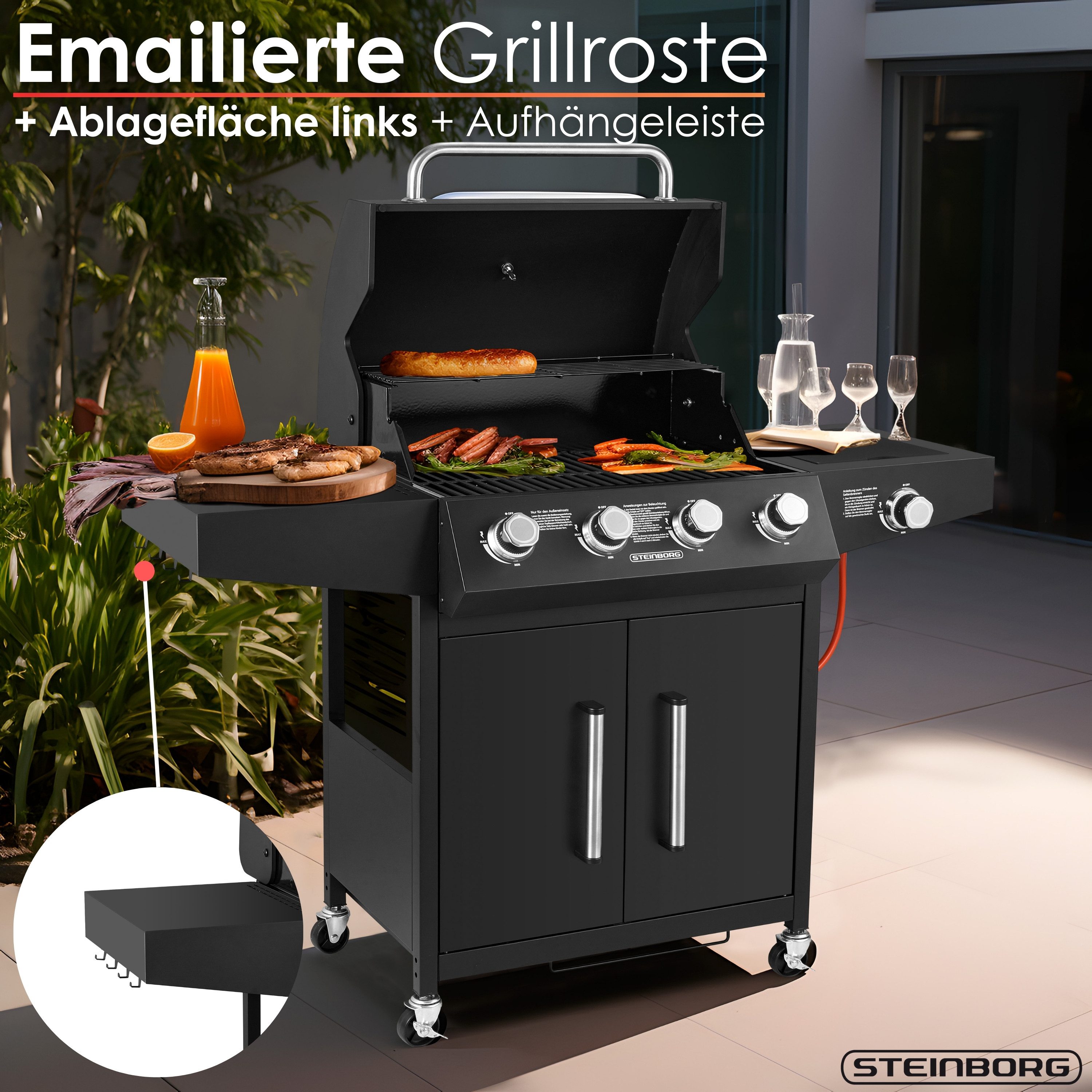STEINBORG Gasgrill SB-8180, mit Schutzhaube, 4 Hauptbrenner + 1 Seitenbrenner,Beleuchtete Drehknöpfe