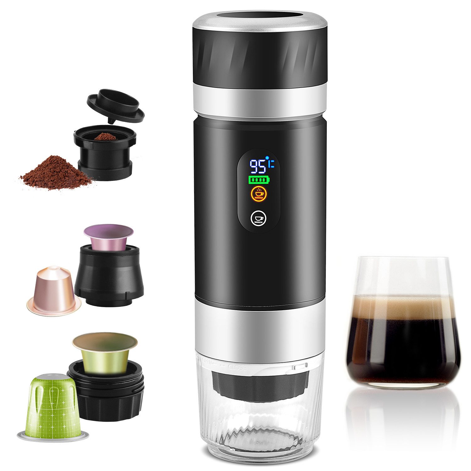CkeyiN Reisekaffeemaschine mit LED-Anzeige, 0.15l Kaffeekanne, Espressomaschine Tragbar Camping-Kaffeemaschine 3 in 1