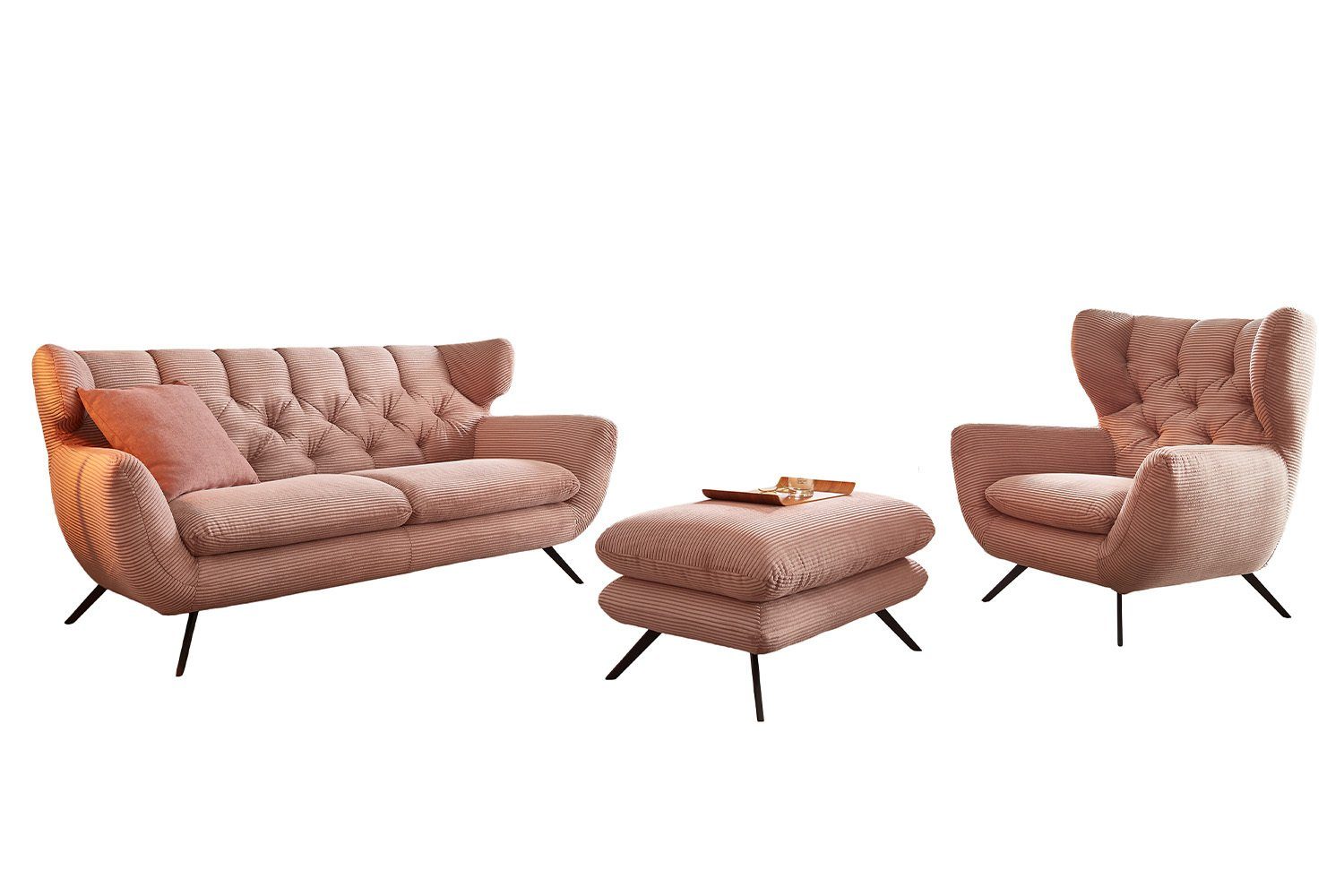 Sitzgruppe Hockerbank Sessel Farben rosa versch. CHARME, 3-tlg), Cord (Set, KAWOLA Sofa