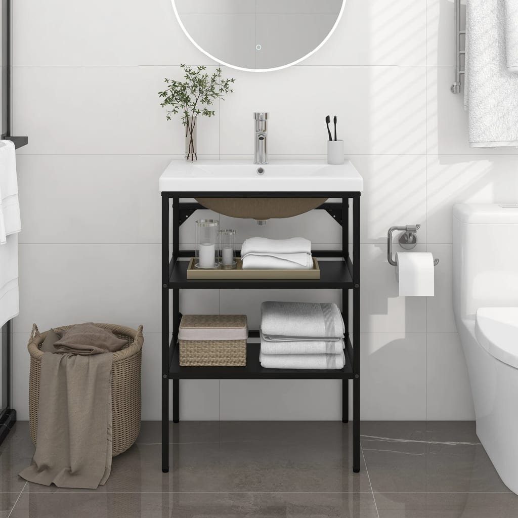 vidaXL Badregal Badezimmer-Waschtischgestell mit Waschbecken Schwarz Eisen, 1-tlg.