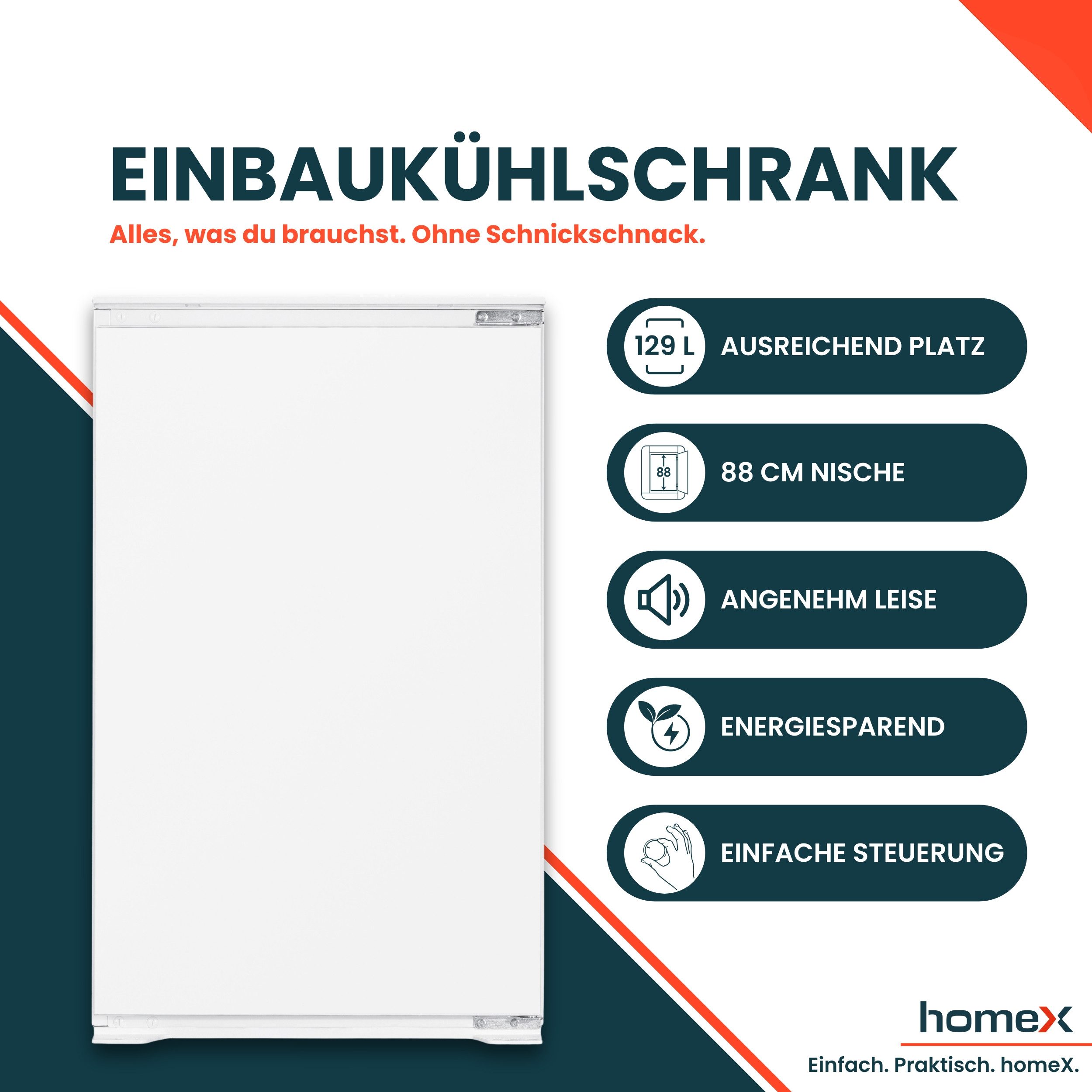 homeX Einbaukühlschrank CB1291E, 89 cm hoch, 54 cm breit, 129 Liter, ohne Gefrierfach, 88cm hoch, Schlepptürtechnik, leise 37 dB