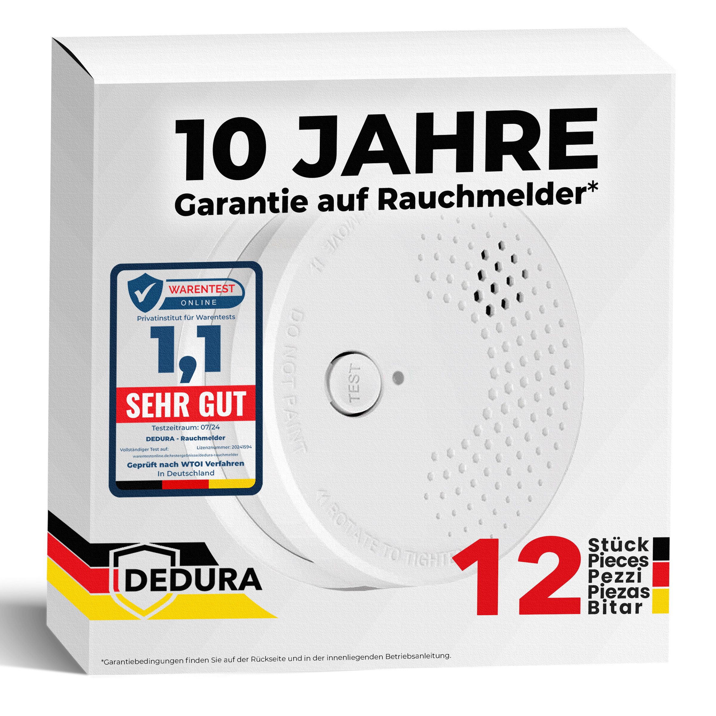 dedura Rauchmelder (10 Jahre Garantie BSI Zertifiziert nach DIN EN14604 inkl. 9V Batterie)