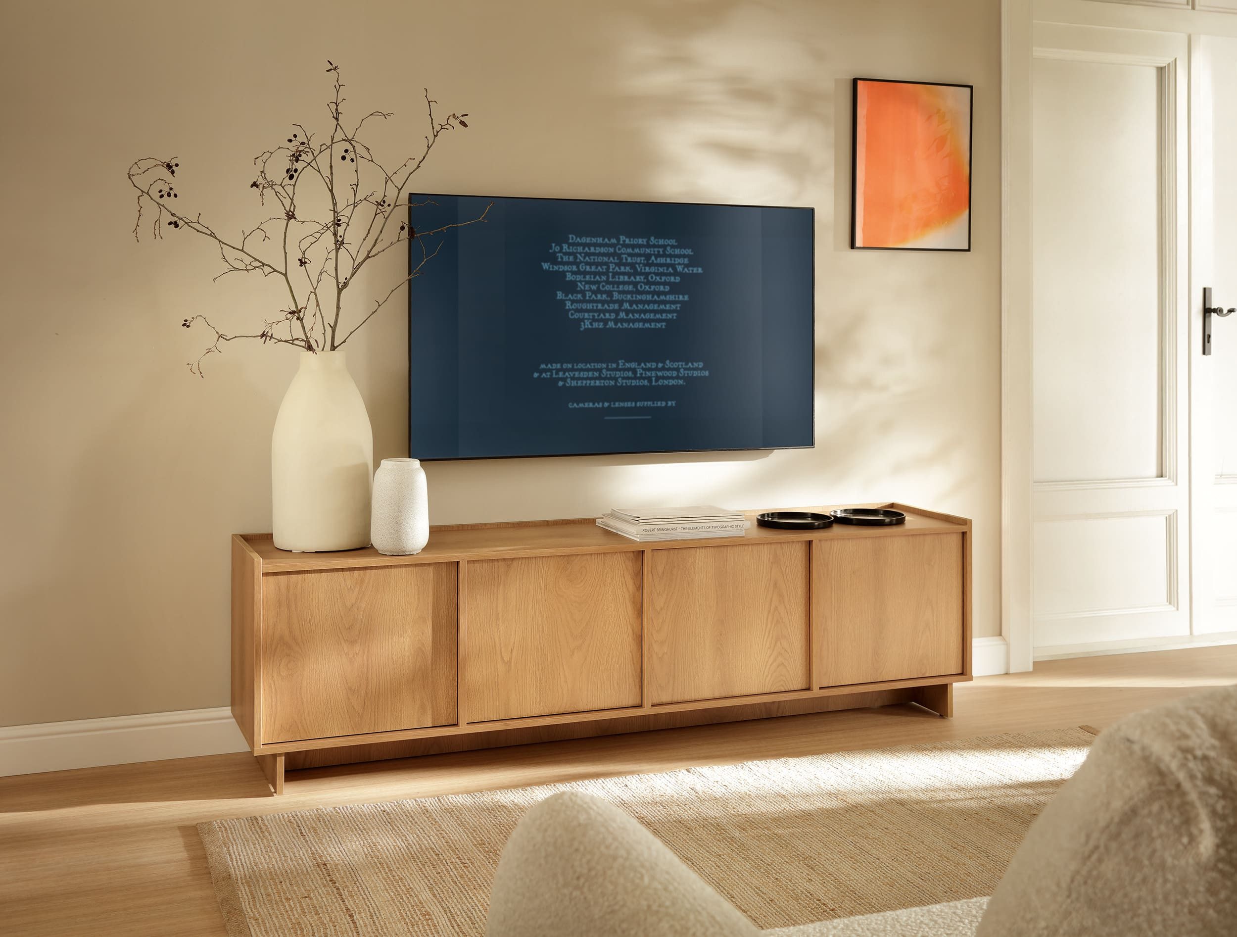 MOEBLO TV-Board TV-Schrank 195 LILIE (Eiche Caramel - modernes TV Möbel, Fernsehtisch, TV Bank & TV Tisch, grifflos mit Push-to-Open, viel Stauraum, 195 cm breit, Lowboard Fernsehtisch TV Bank TV Tisch Fernseher Tisch TV Möbel), (BxHxT): 195 x 55 x 39 cm