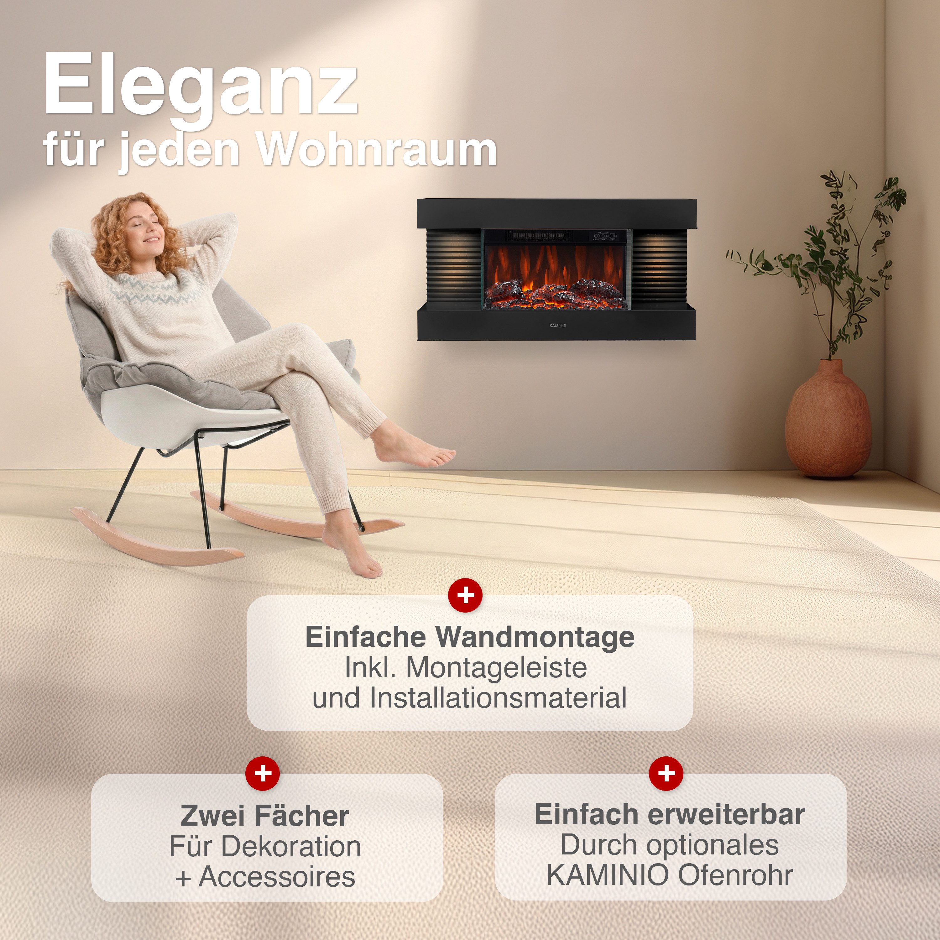 KAMINIO Elektrokamin LIZ, Elektrischer Kamin: 3D-Flammeneffekt, LED-Ambientelicht, Heizung 1800W