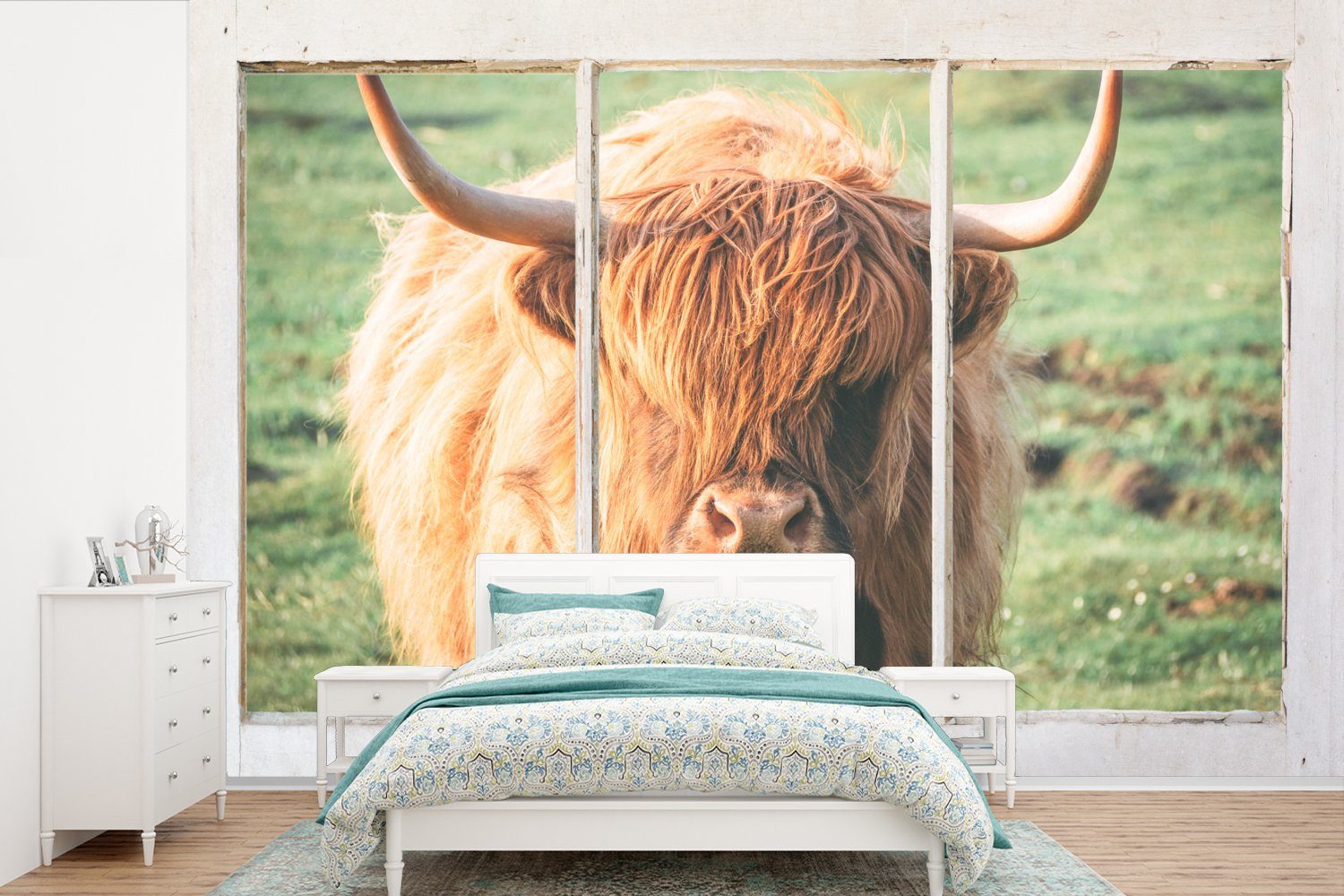 MuchoWow Fototapete Schottische Highlander - Natur - Ansicht, Matt, bedruckt, (6 St), Wallpaper für Wohnzimmer, Schlafzimmer, Kinderzimmer, Vinyl Tapete