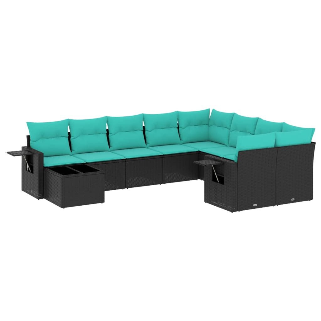 vidaXL Gartenlounge-Set 10-teiliges Gartensofa-Set mit Kissen, schwarzes Polyrattan, (1-tlg)