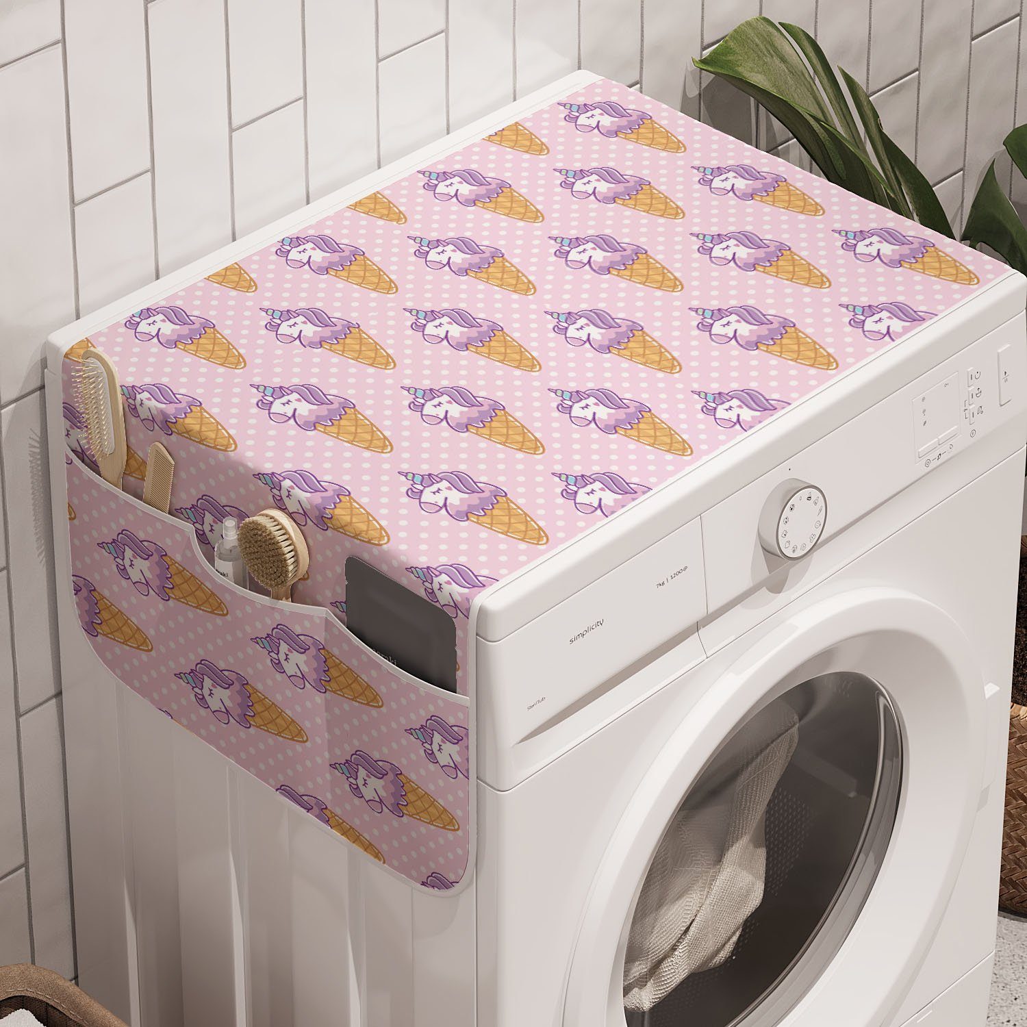 Abakuhaus Badorganizer für Anti-Rutsch-Stoffabdeckung Cream Tupfen Waschmaschine und Ice Unicorn Rosa Trockner