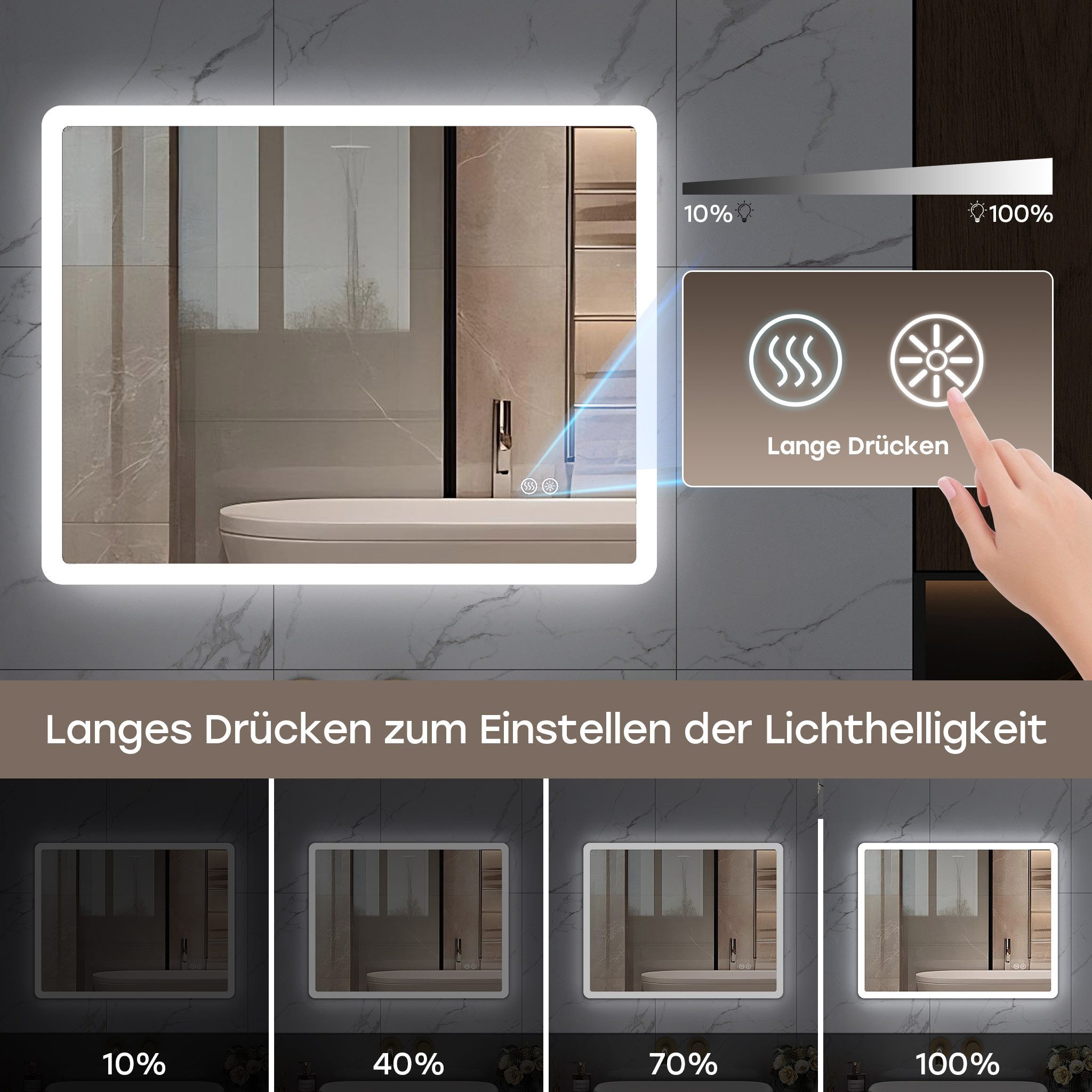 HOROW Badspiegel Badspiegel LED Badezimmerspiegel Rechteckig Lichtfarbe einstellbar (Kaltweiß/Neutralweiß/Warmweiß Licht, Dimmbar, Memory Funktion, IP44, 3 Lich – Bild 5 von 5