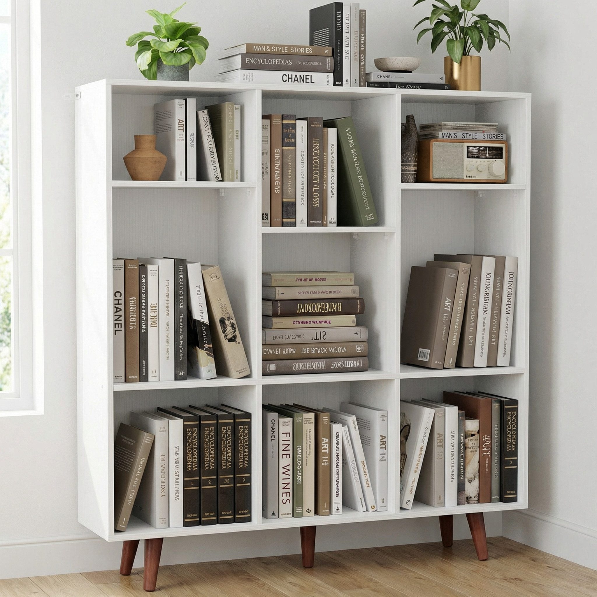 Totnz Bücherregal flexibles Bücherregal – 9 Fächer, höhenverstellbar, für jedes Zimmer, Wandbefestigung mit Metallwinkeln, für vielseitige Nutzung, Weiss