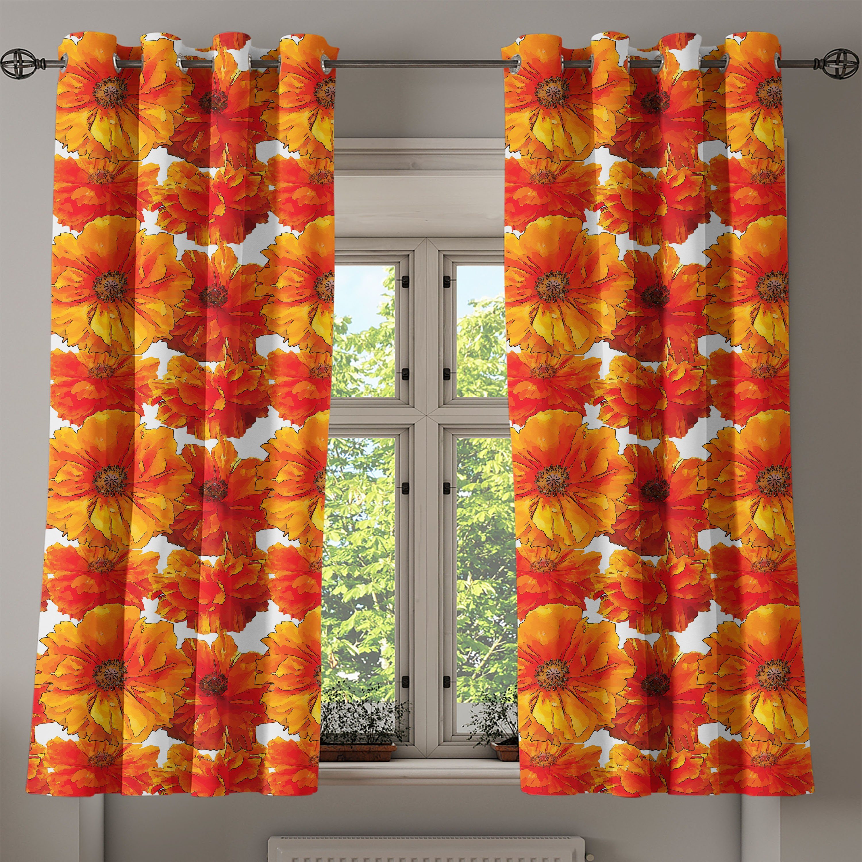 Handfarben-Stil-Blüten 2-Panel-Fenstervorhänge für Gardine Abakuhaus, Schlafzimmer Wohnzimmer, Dekorative Mohn
