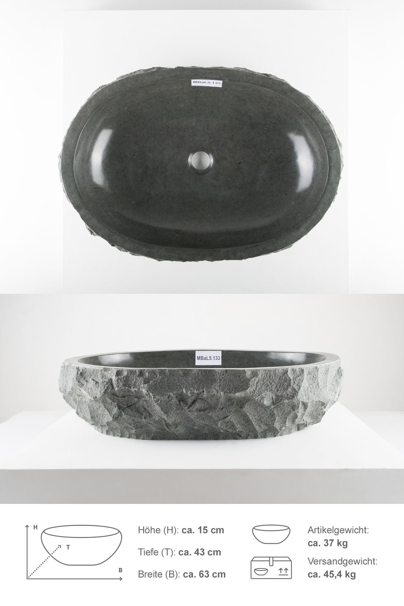 wohnfreuden Aufsatzwaschbecken Andesit Waschbecken EROSI 60 cm schwarz natur (Kein Set), 125590_MBaL5.133