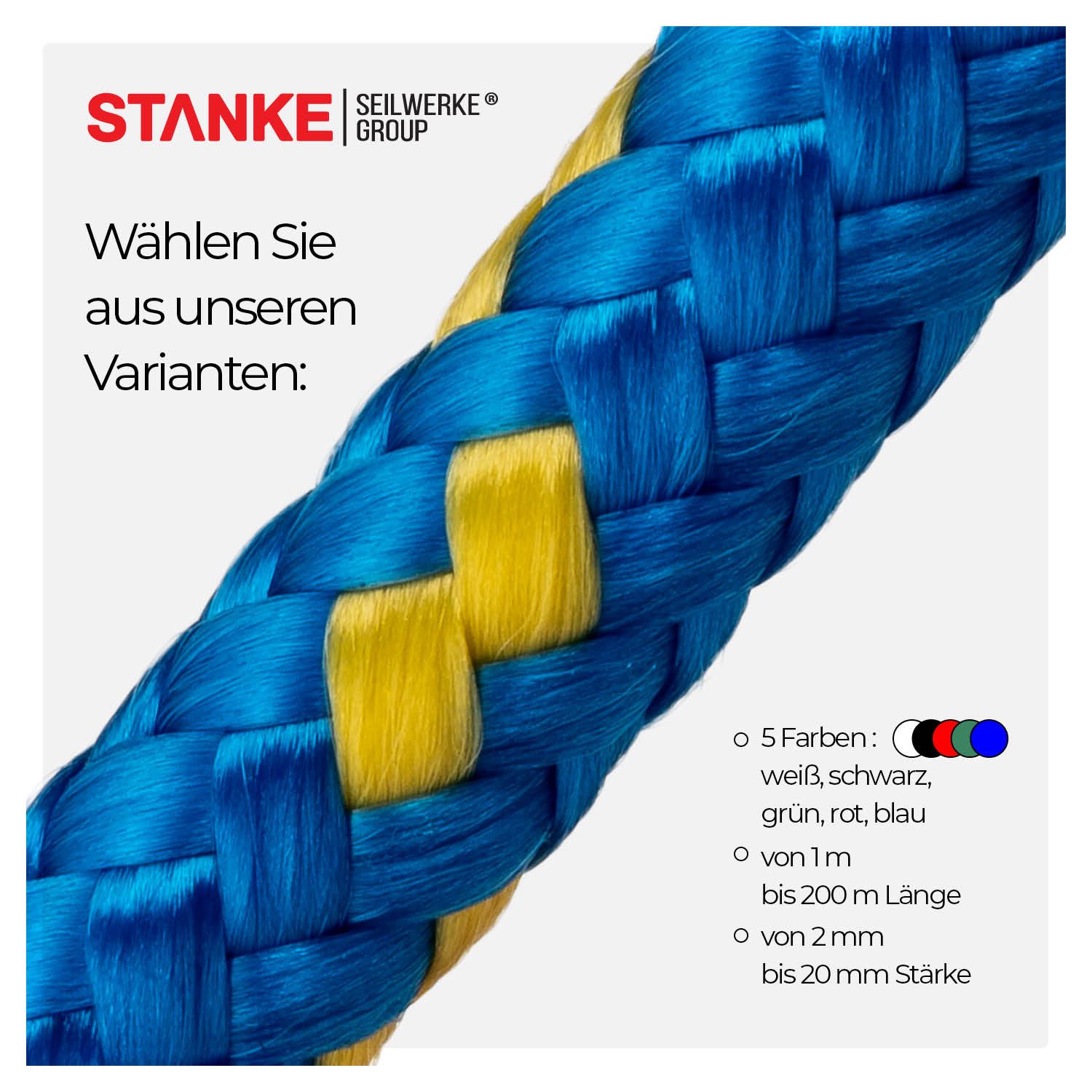 STANKE Seil Polypropylenseil 2 mm - 1 m Blau-Gelb Seil für Garten, Balkon, Dicke Schnur für Transport, Bauwesen, Segelzubehör PP Seil