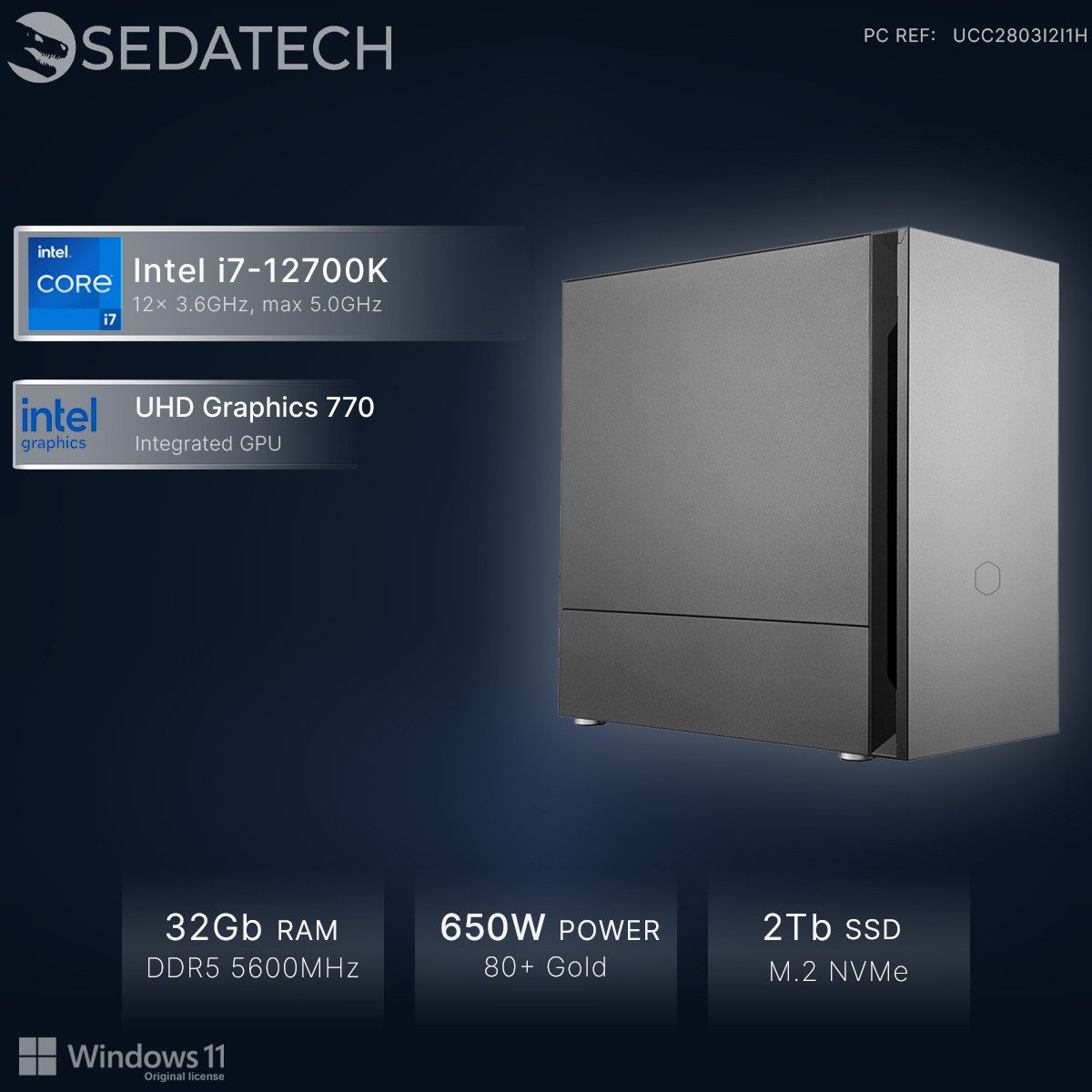 Sedatech UCC2803I2I1HF - Office PC (Intel Core i7 12700K 12x 3.6GHz (max 5.0GHz), Intel UHD Graphics 770, 32 GB RAM, 2000 GB SSD, Wlan 6E)