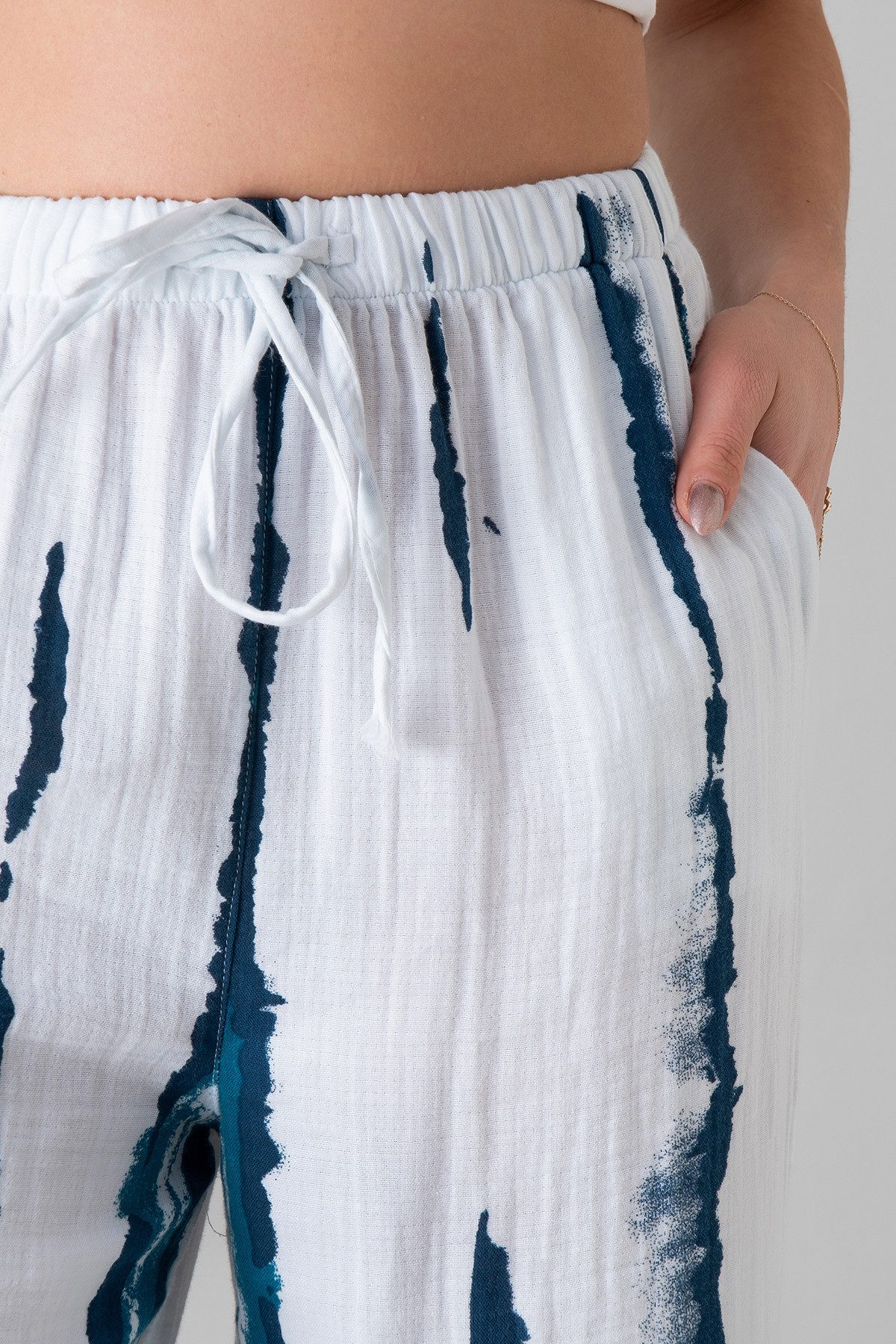 WENOR Palazzohose Musselin, Batik-Druck, 100 % Baumwolle, elastisch, Petrolblau & Grau