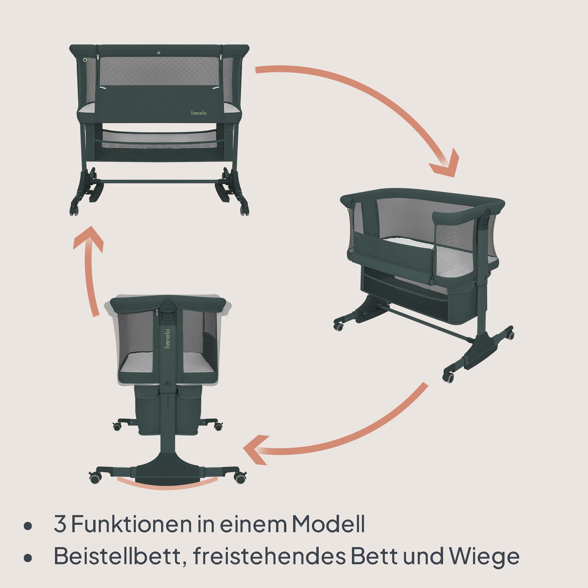 lionelo Baby-Reisebett JODIE, 3in1 Beistell/freistehend/Wiege/6 Stufen/Netzseiten/4 Rollen