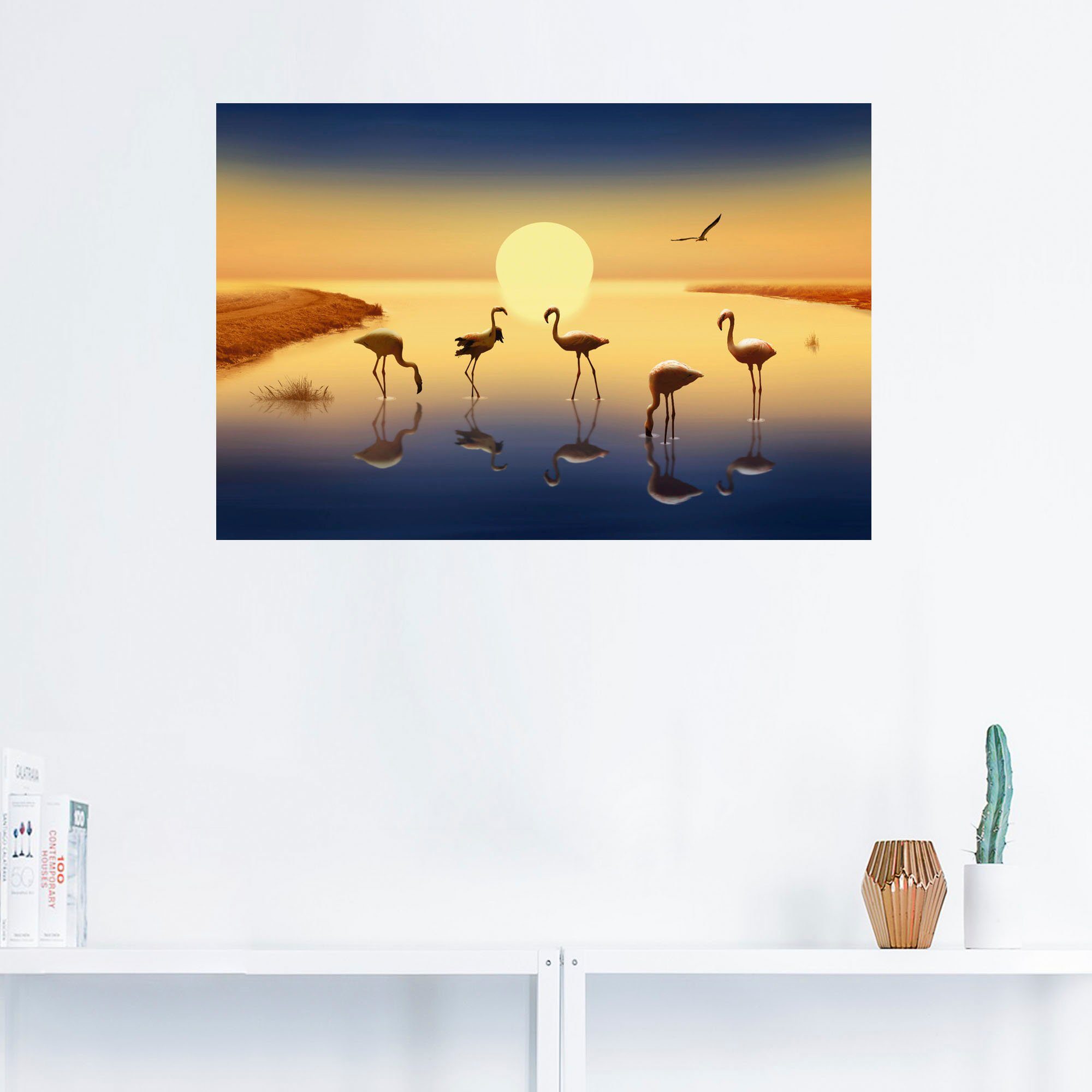 Größen der Wandbild in Poster in Vögel Leinwandbild, Alubild, als Wandaufkleber versch. Flamingos Abendsonne, (1 oder Artland St),