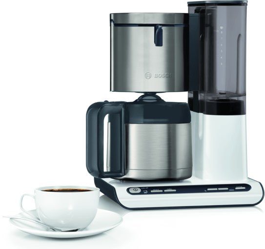 BOSCH Filterkaffeemaschine TKA8A683 Styline, Aroma Sensor, Edelstahl-Thermokanne 1,1 L, 1,1l Kaffeekanne, Papierfilter 1x4, Für 8-12 Tassen, Abschaltautom., Entkalkungssystem, Edelstahl/weiß