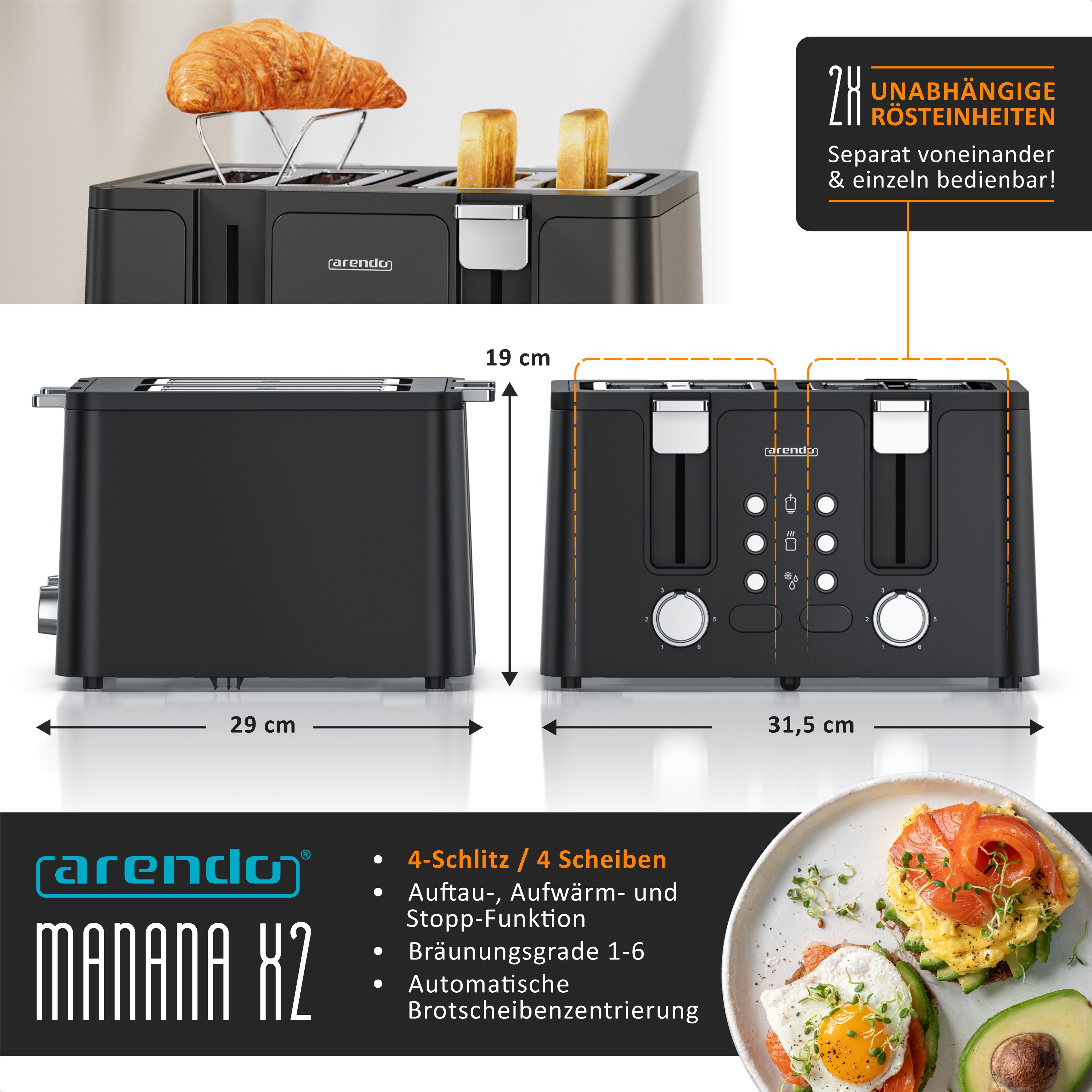 Arendo Toaster 4-Scheiben, Edelstahl, Brötchenaufsatz, Restzeitanzeige, Schwarz, 4 kurze Schlitze, für 4 Scheiben, 1750 W, Doppelwandgehäuse, Defrost Funktion, Krümelschublade, 6 Bräunungsgrade