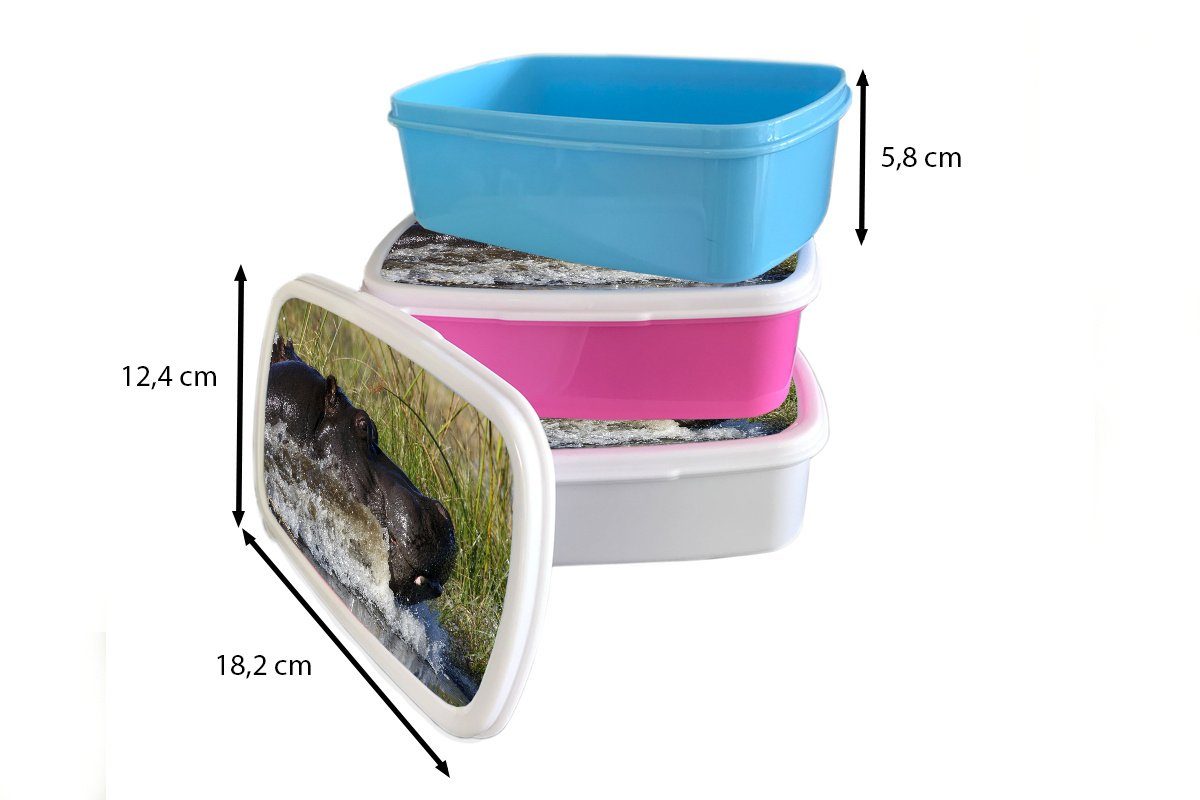 MuchoWow Lunchbox Nilpferd - - Mädchen für weiß Kinder Brotbox für Erwachsene, Kunststoff, Jungs Gras, und Brotdose, Wasser und (2-tlg)