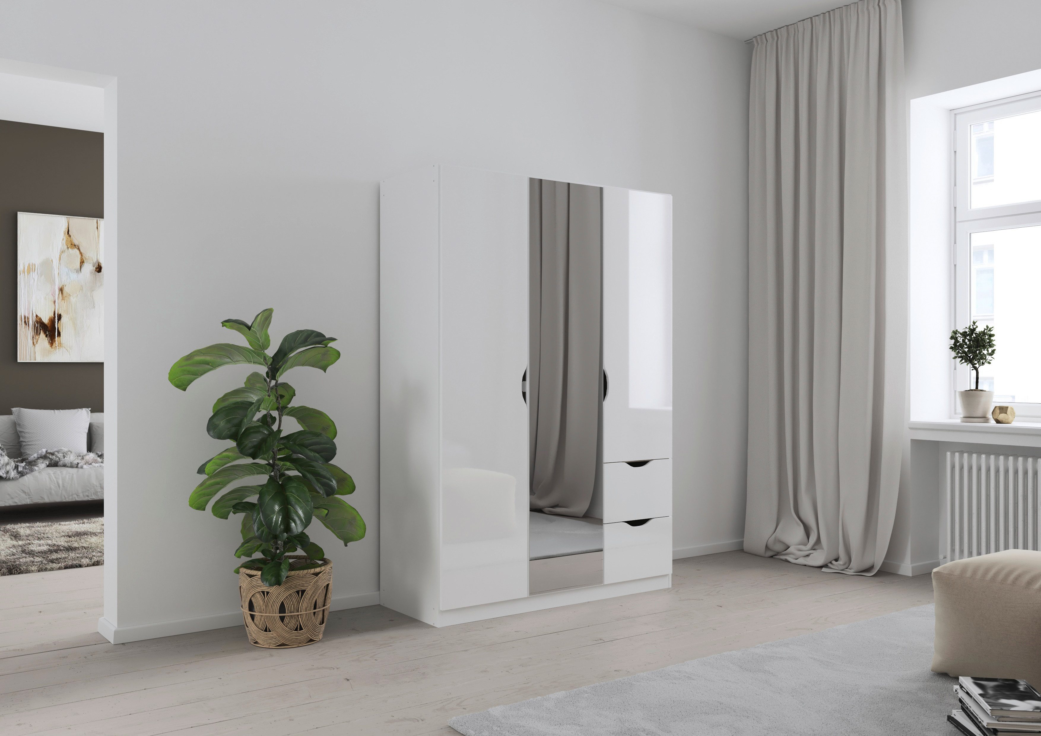 rauch Kleiderschrank Freiham Kleiderschrank Garderobenschrank Nischenlösung mit Spiegel und Schubkästen, Griffmulden, Schlafzimmerschrank Schrank
