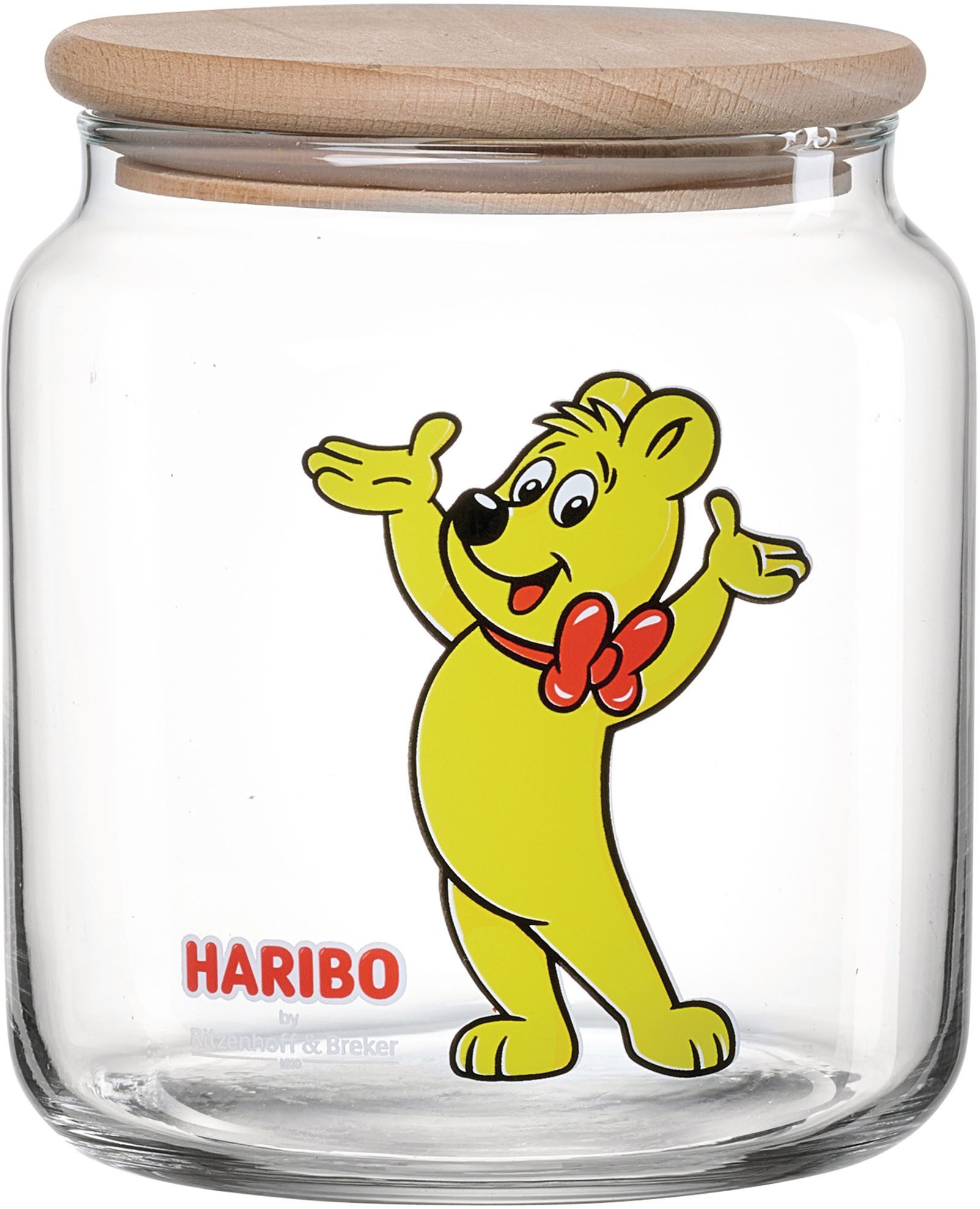 Ritzenhoff & Breker Vorratsglas HARIBO Hands Up, 1,1 Liter, Glas, Holz, Silikon, (1-tlg), Maße: 12 x 12 x 13 cm