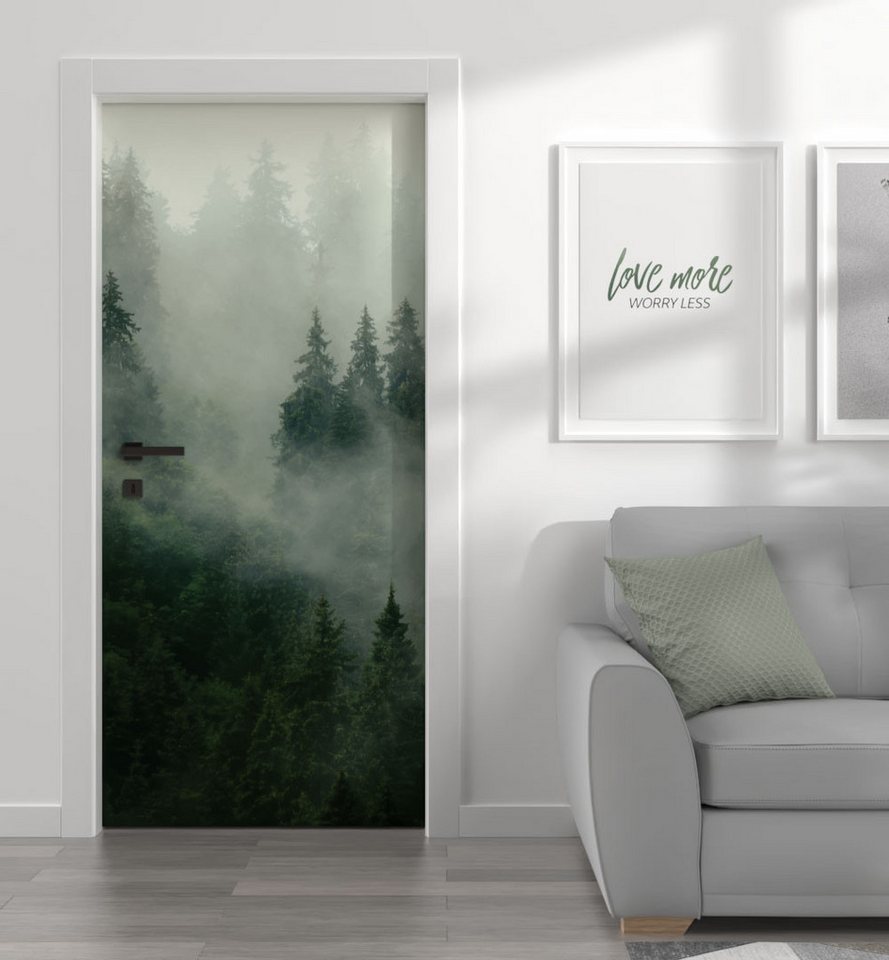MyMaxxi Dekorationsfolie Türtapete Türposter Türfolie selbstklebend nebliger Wald Türaufkleber, (nebliger Wald, 1St.}, Klebefolie Tür aufgerollt), Selbstklebend
