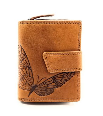 JOCKEY CLUB Mini Geldbörse kleines echt Leder Damen Portemonnaie mit RFID Schutz, wunderschöner Schmetterling, Sauvage Rindleder, cognac braun