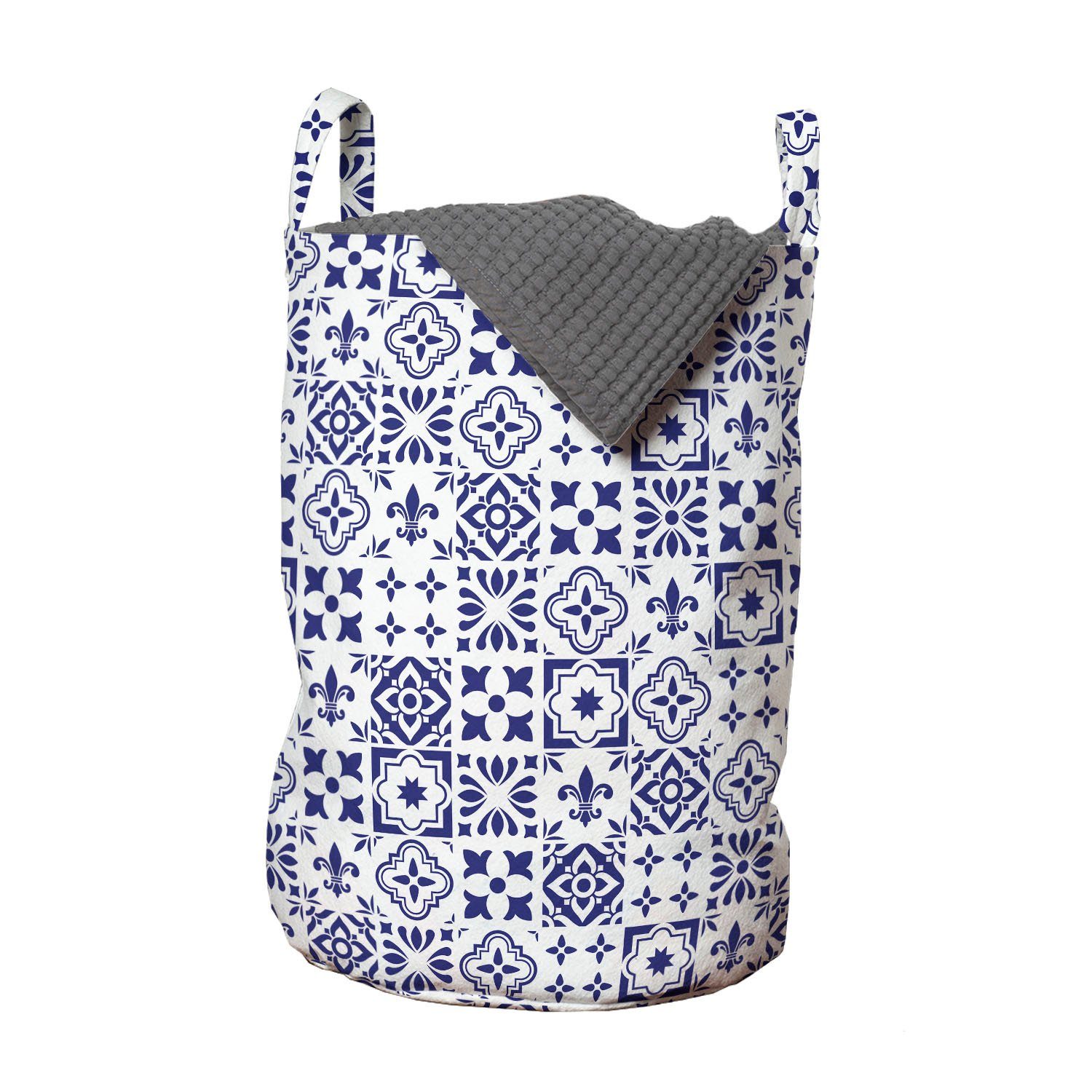 Abakuhaus Wäschesäckchen Wäschekorb mit Indigo Kordelzugverschluss Muster für Tile Waschsalons, Griffen abstraktes Quadrat