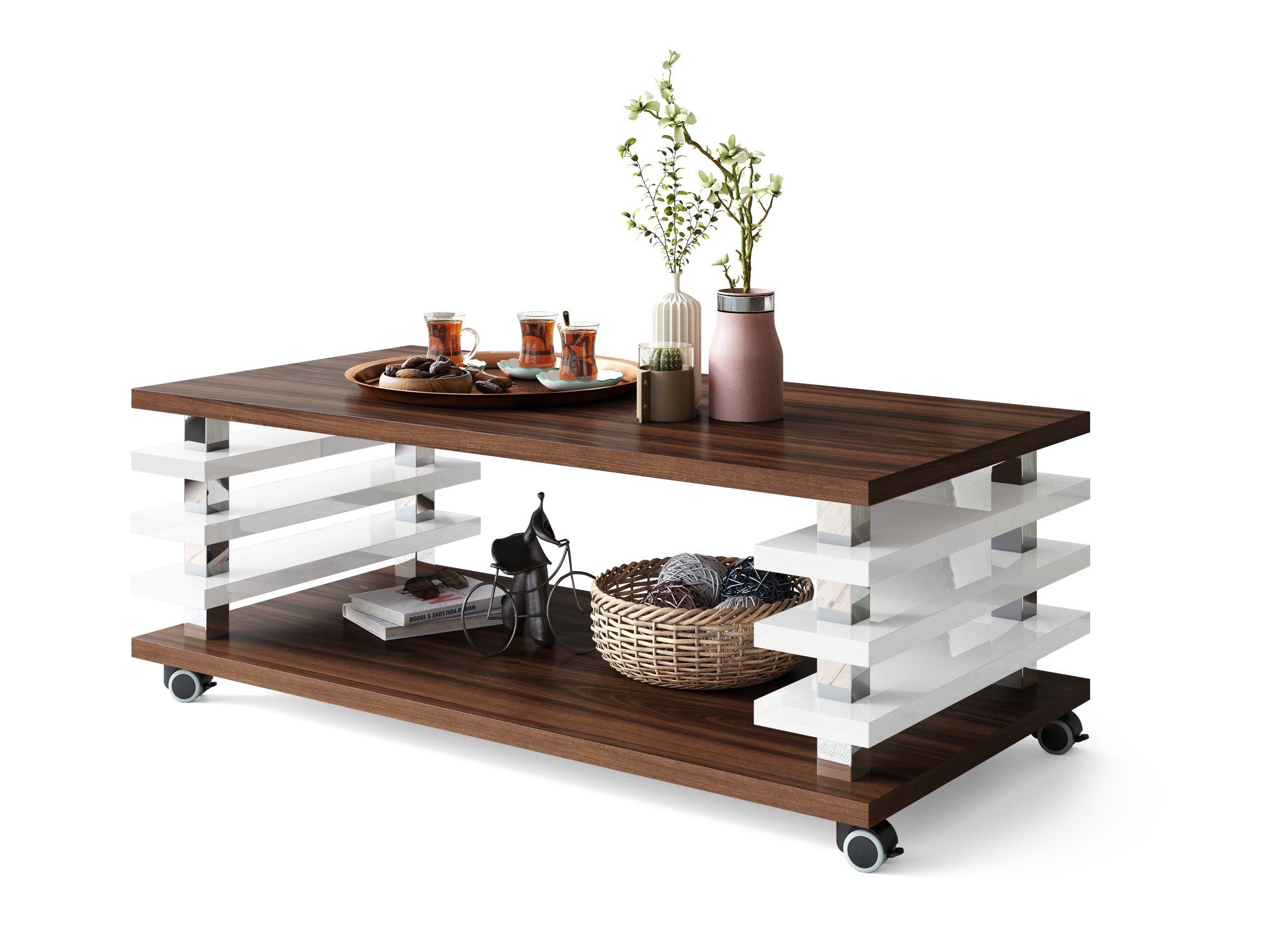 designimpex Couchtisch Carl Svensson DC-3 Wohnzimmertisch Rollen Nussbaum - günstig online kaufen