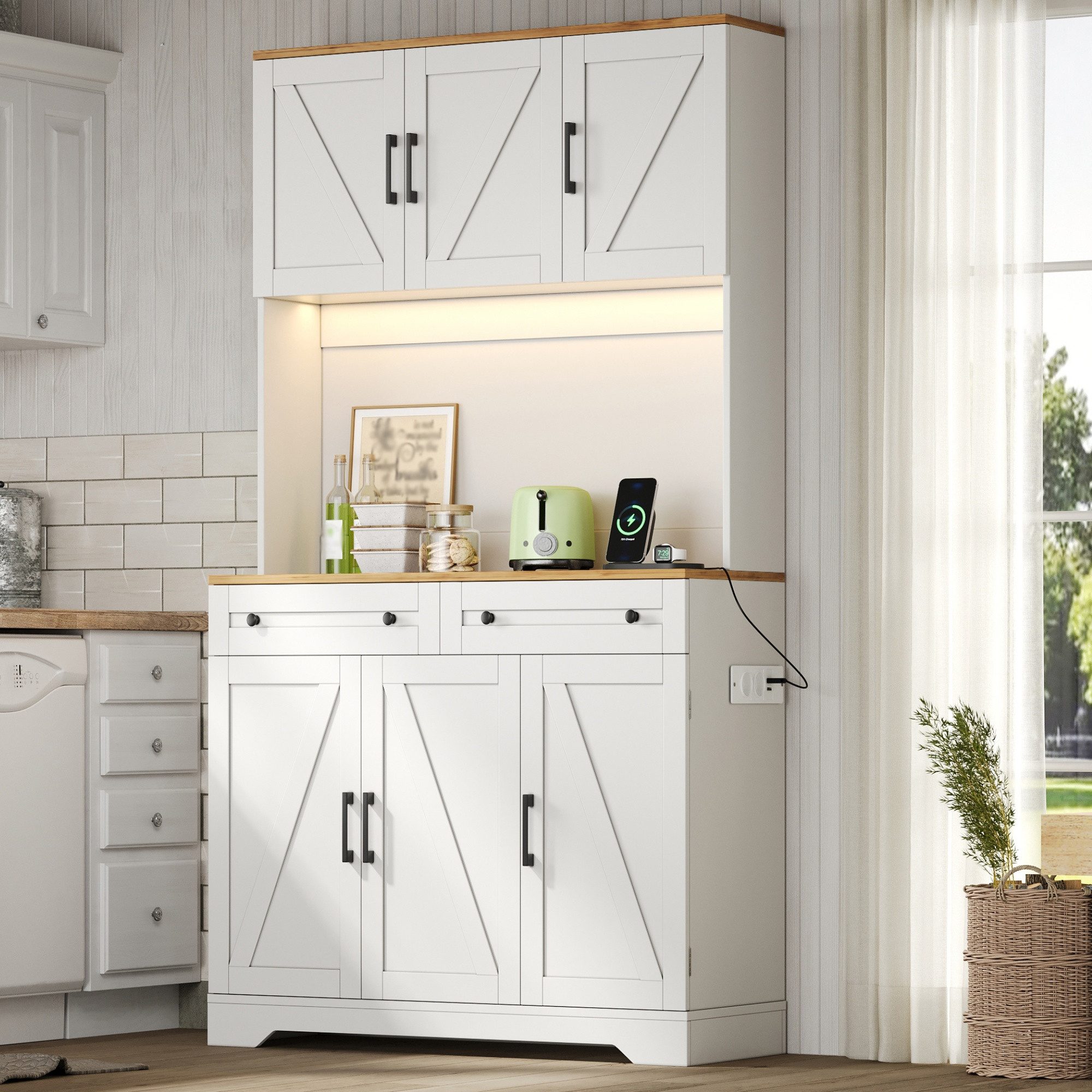 Flieks Küchenbuffet Hochschrank mit LED-Beleuchtung, Steckdosen, versteckter Schubladen (1-St., B100xT40xH180 cm) Küchenschrank mit Arbeitsplatte Holzoptik, ver – Bild 2 von 5