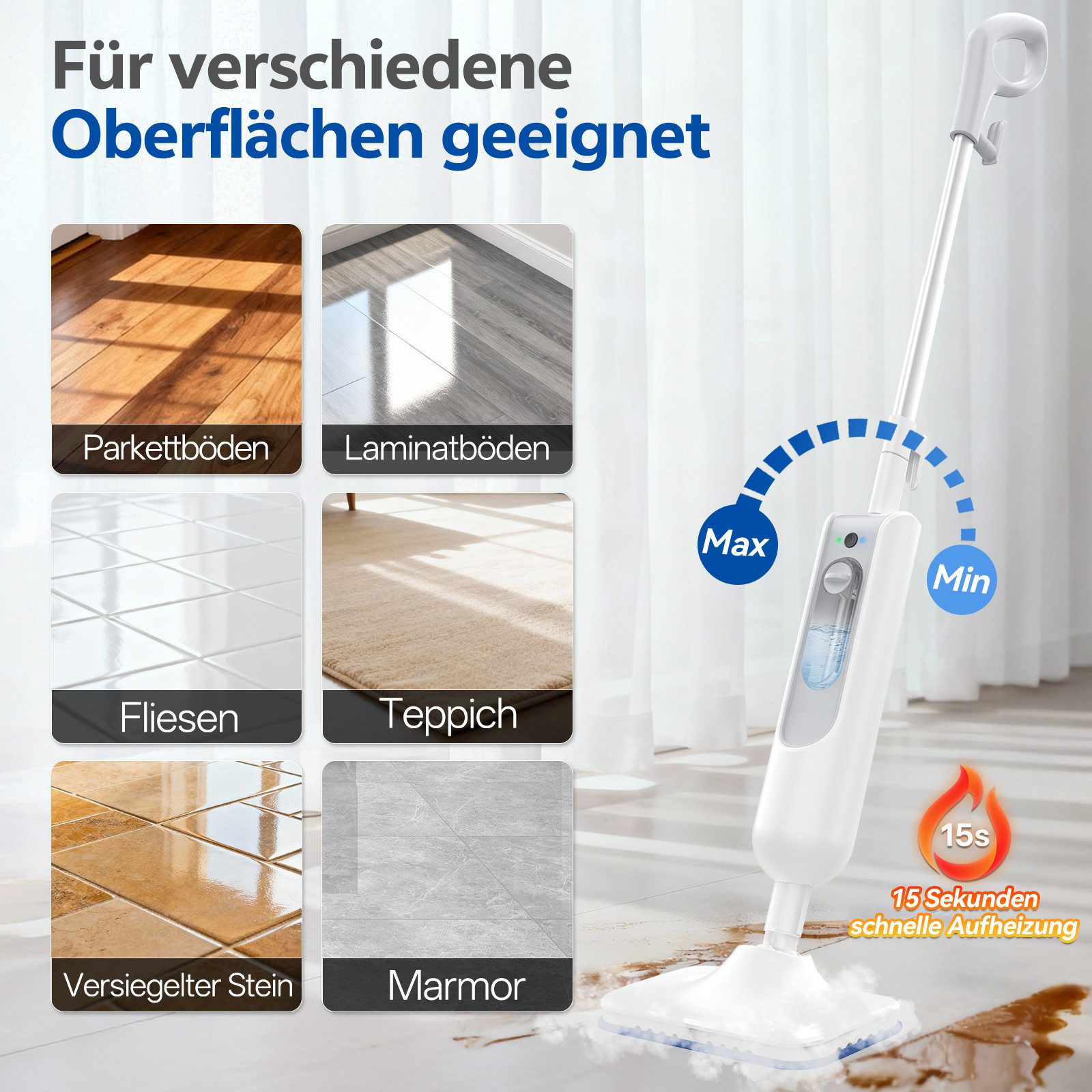 INSE Dampfmopp F2 12-in-1-Handdampfreiniger leistungsstarker abnehmbarer Dampfmopp, 1500 W, beutellos, 15FT langes Netzkabel,100°C-Heißdampf,12-in-1-Funktion