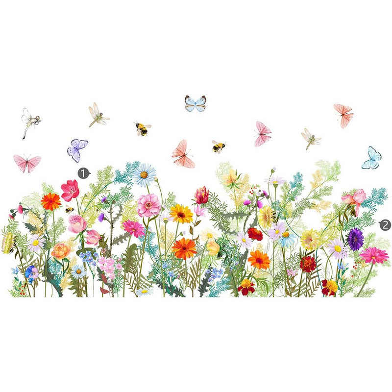 Juoungle Wandsticker Wandtattoo Garten Blumen Wandaufkleber bunt Blume Schmetterlinge