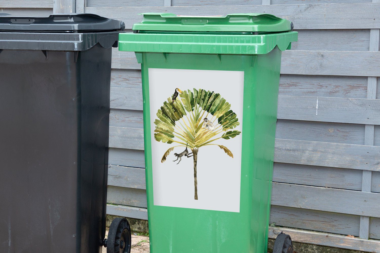 Abfalbehälter Mülleimer-aufkleber, Sticker, (1 Palme Container, Vogel MuchoWow Wandsticker St), - Dschungel Mülltonne, -