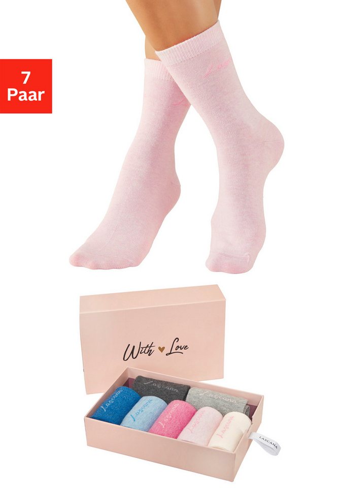 LASCANA Basicsocken für Damen mit eingestricktem Markenlogo (Box, 7-Paar) in ansprechender Geschenkbox