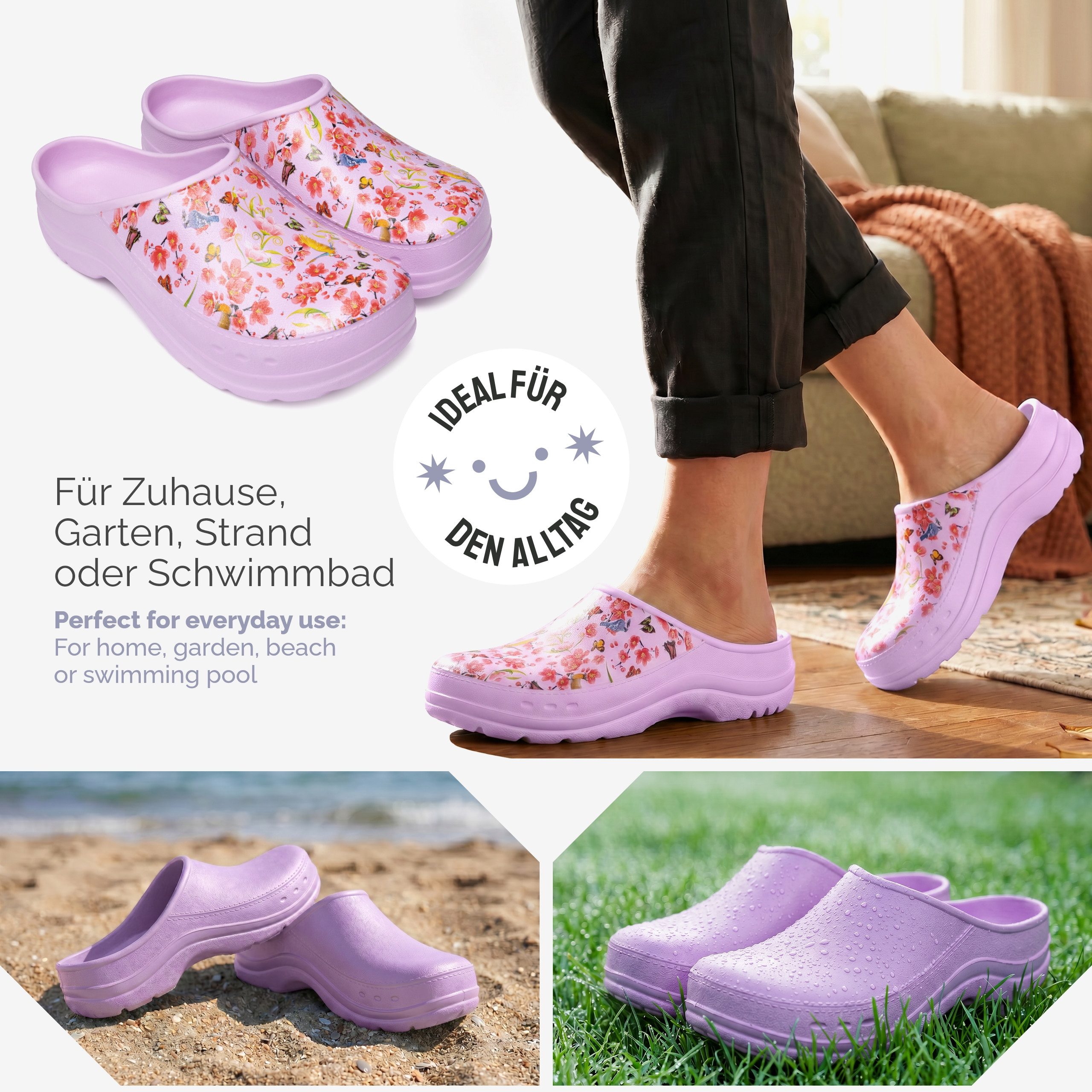 Ladeheid Gartenclogs für Damen Ultraleicht EVA Gemustert Gartenschuhe LA-CA-27 Clog (38 EU, Helllila/Blumen) Wasserdicht & Flexibel – Bild 4 von 5