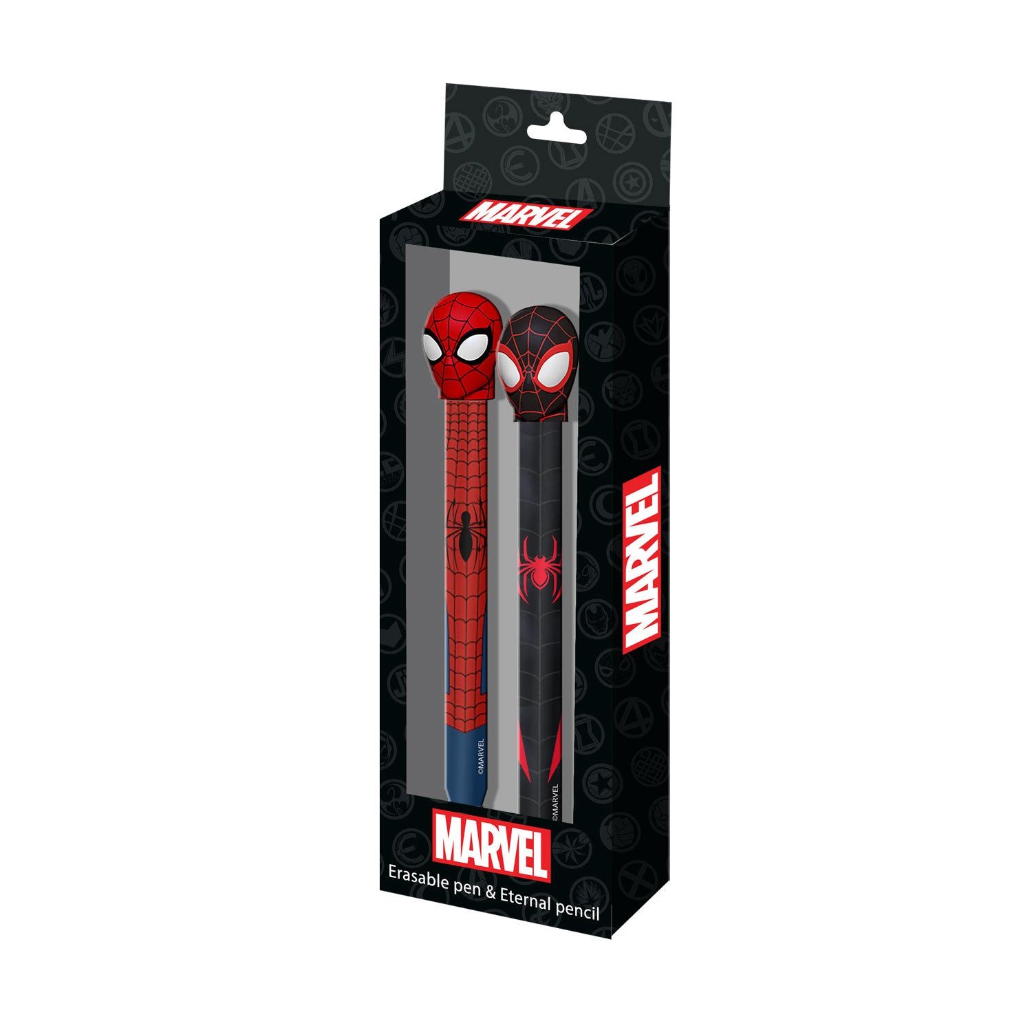 Karactermania Bleistift Marvel Spiderman Peter Set mit Ewiger Bleistift + Radierbarer Gelstift, Thematische Geschenkbox aus Karton