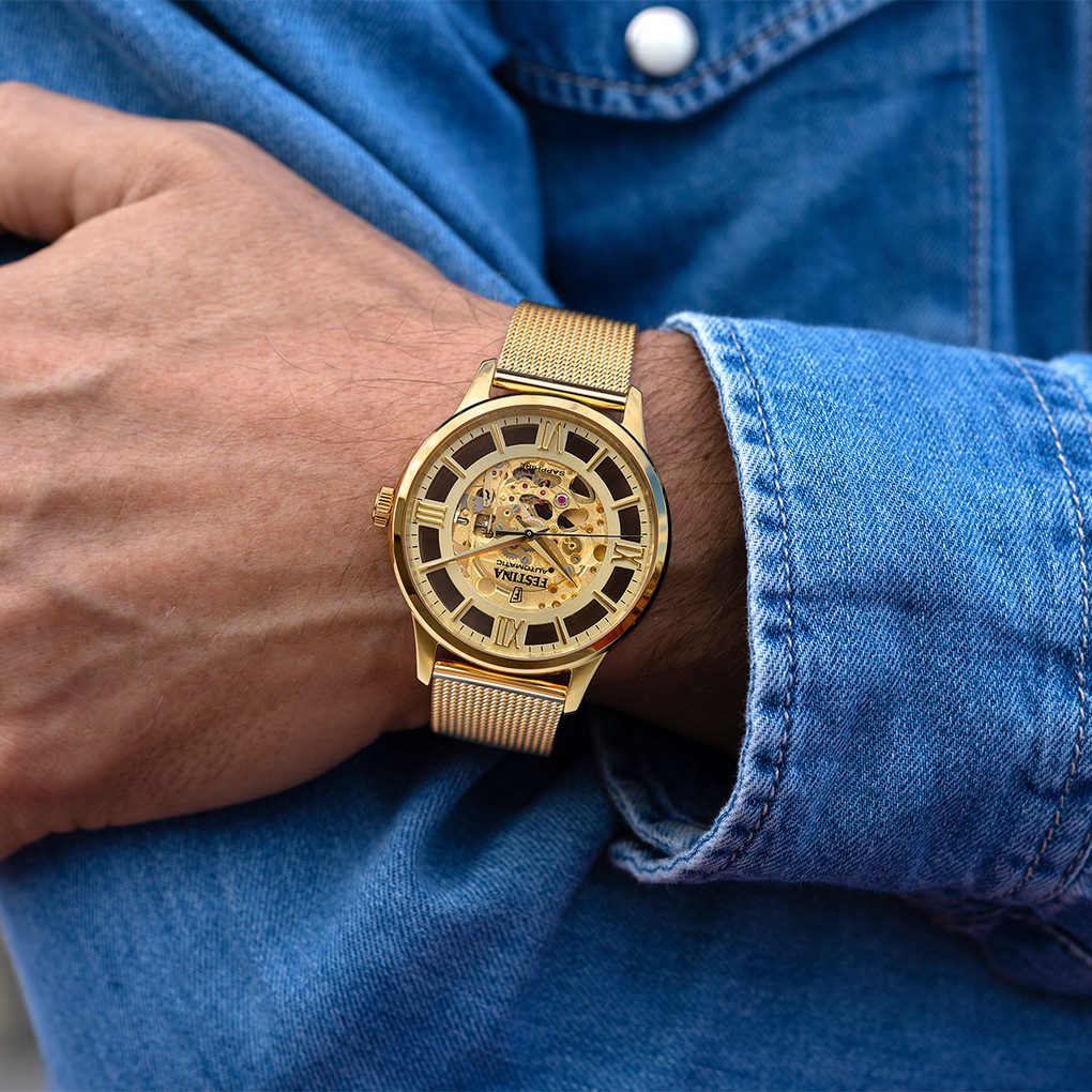 Festina Automatikuhr Skelettiert F20667-1 Herren 41,5 mm IP-Gold Edelstahlband Saphirglas