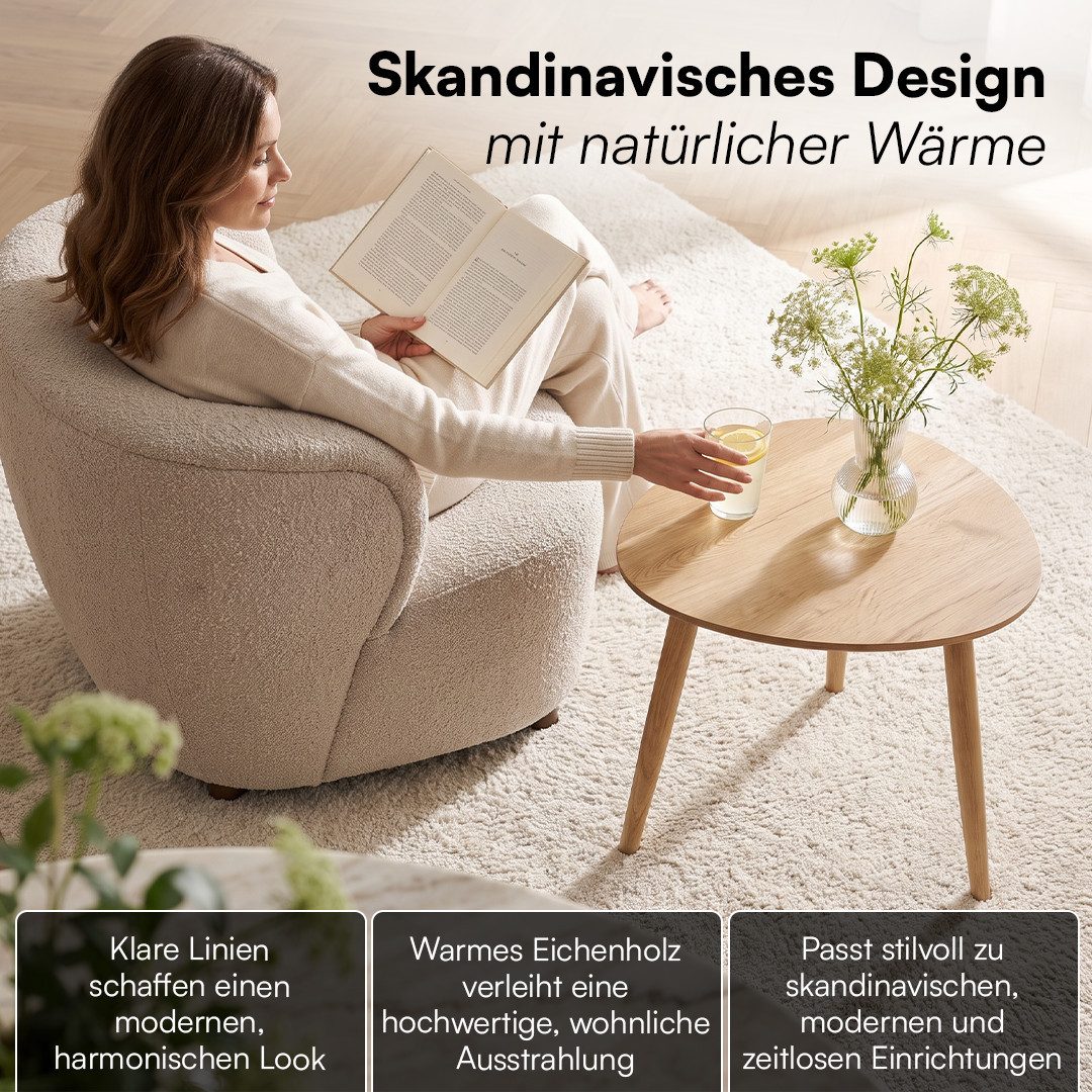 skølm Couchtisch Lodur aus Eiche Massivholz, Holztisch mit 3 Tischbeinen für Wohnzimmer, Wohnzimmertisch 55x38x45 cm, ovale Tischplatte