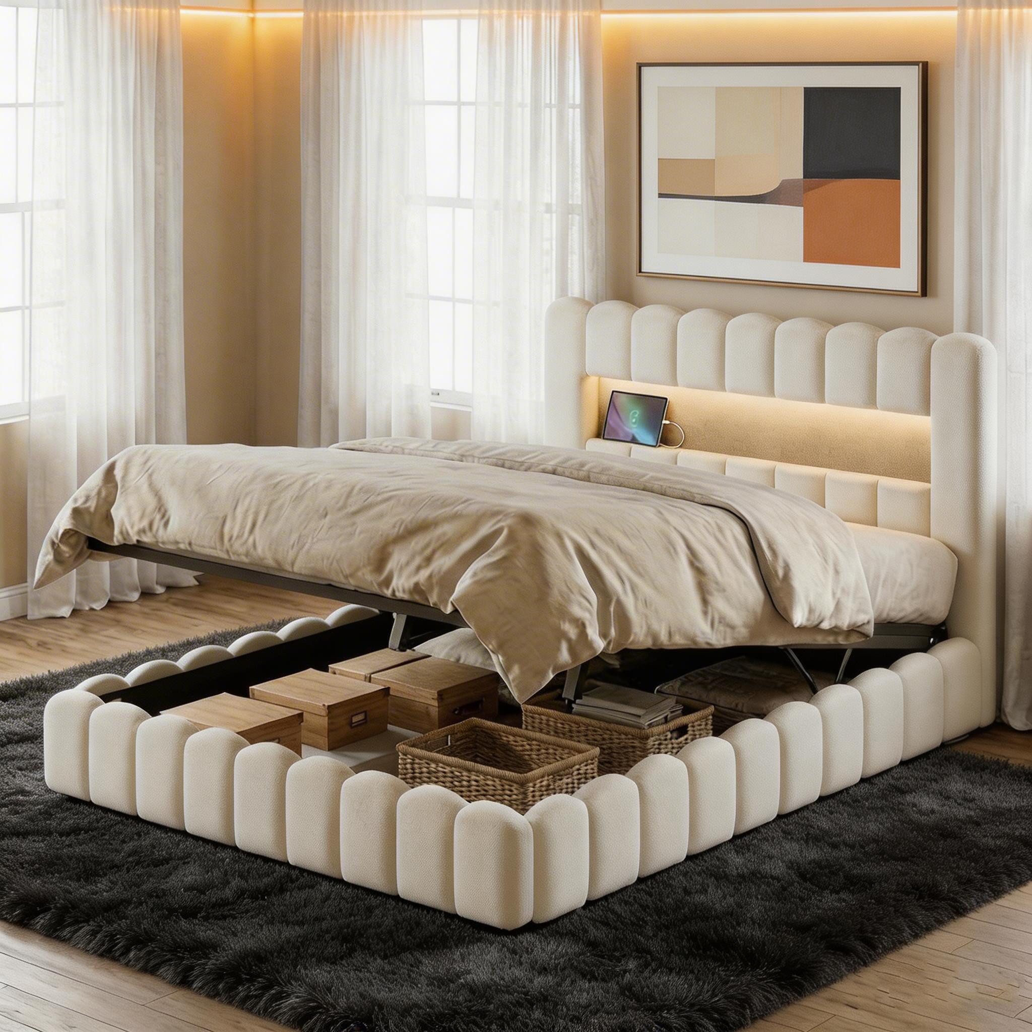 PXloue Polsterbett Doppelbett Jugendbett (ohne Matratze), Stauraumbett, Bettkasten, LED-Beleuchtung, USB-Anschluss, 140x200 cm
