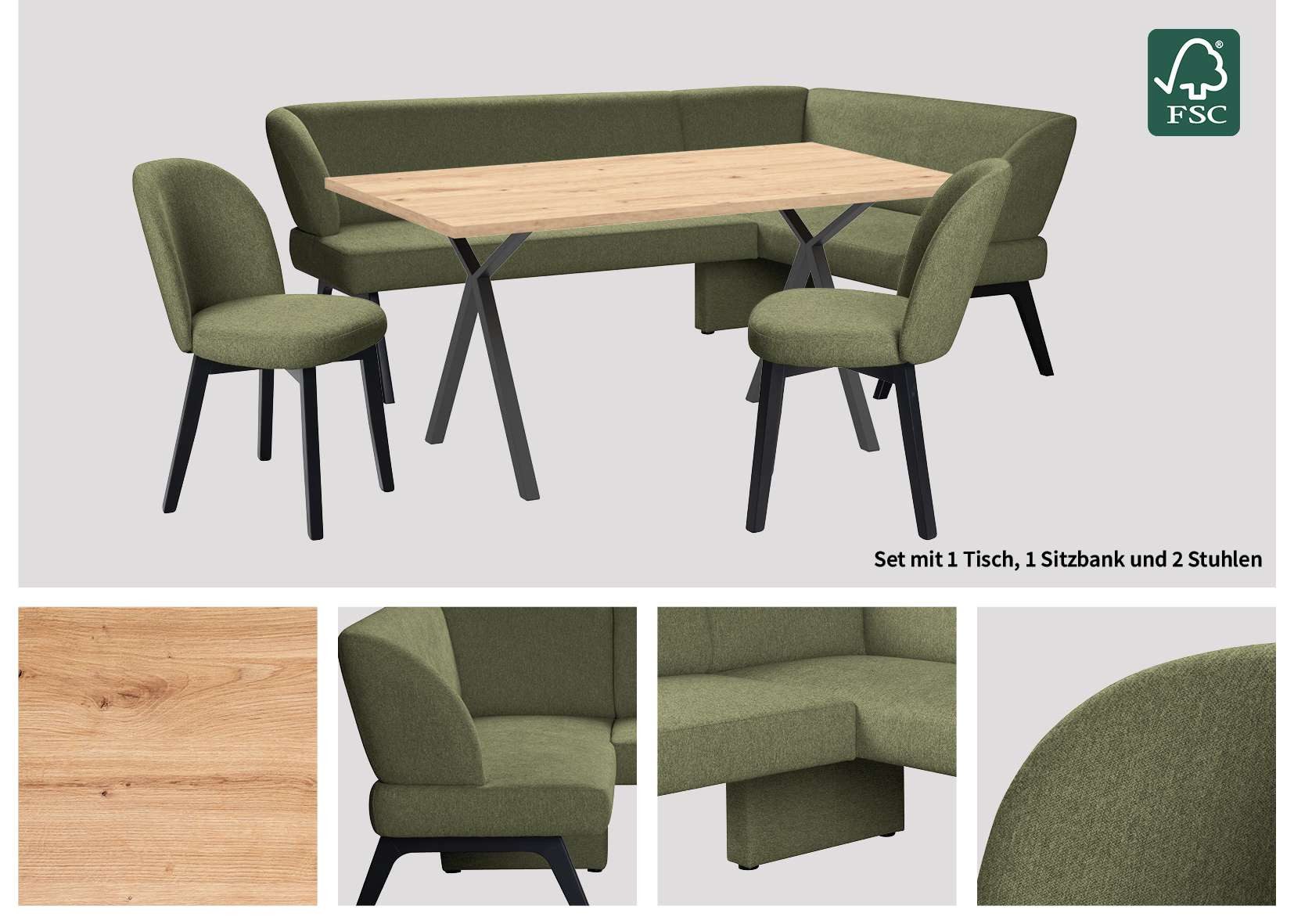 OTTO home Eckbankgruppe Aretha Essecke, Sitzgruppe, Eckbank, Küchenbank, (Set, 4-tlg., 4er), Esszimmer Sitzgruppe, Tisch, Stühle und Bank gepolstert, Nosagfederung