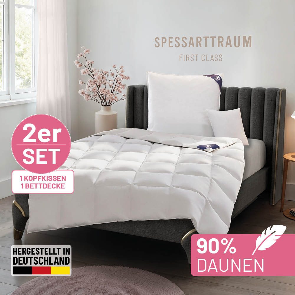 SPESSARTTRAUM Daunenbettdecke + Federkissen First Class, Füllung: Bettdecke: 90%Daunen / 10% Federn, Klasse I, Downpass zertifiziert, Bezug: 100% Baumwolle, Made in Green, Hausstauballergiker geeignet, Sparset: 5 Wärmeklassen, 135x200 cm & 155x220 cm