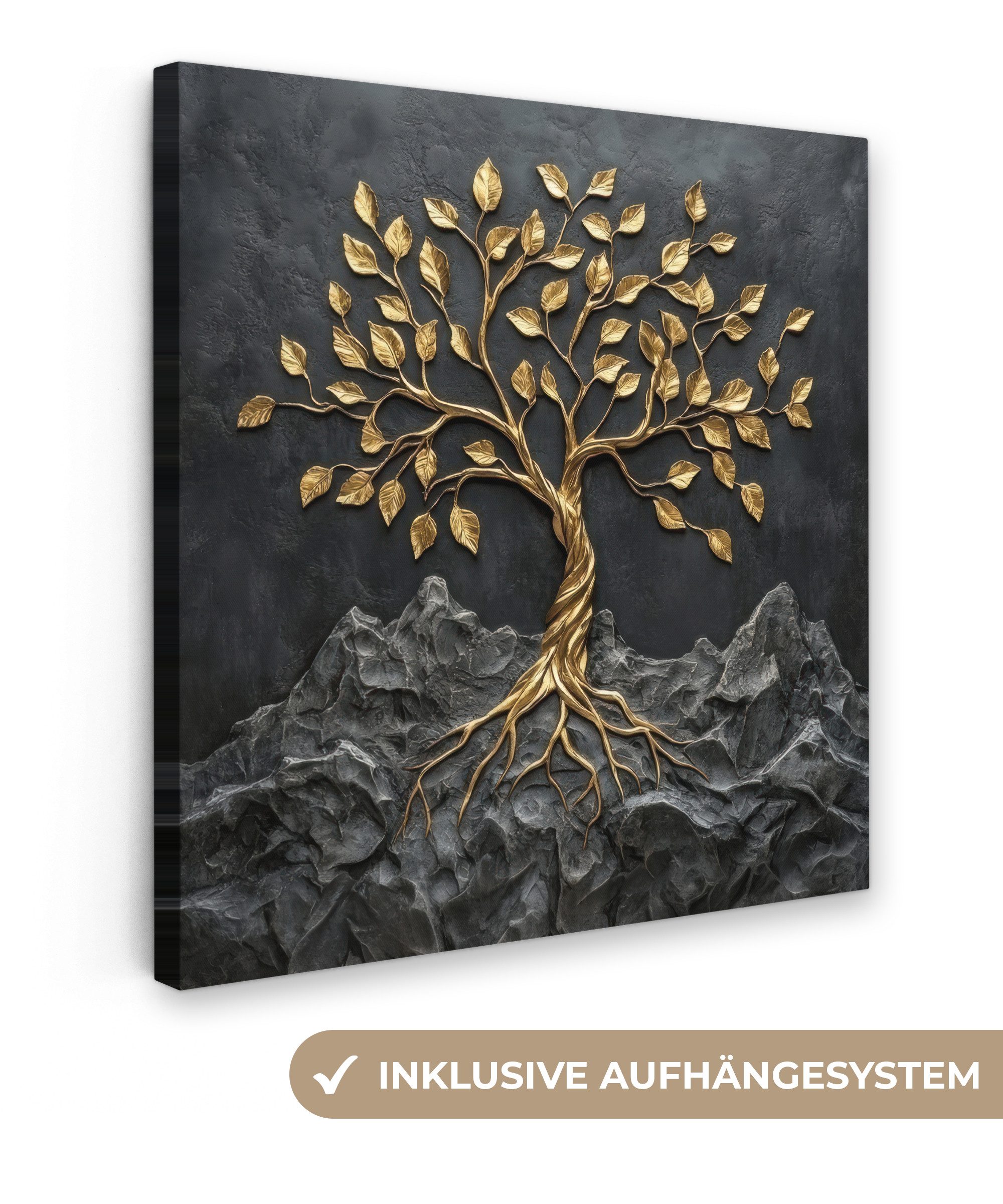 OneMillionCanvasses® Leinwandbild Blätter - Gold - Baum - Fels, Fotodruck (1 St), Wandbild, Deko Schlafzimmer Wohnzimmer Flur 20x20 cm