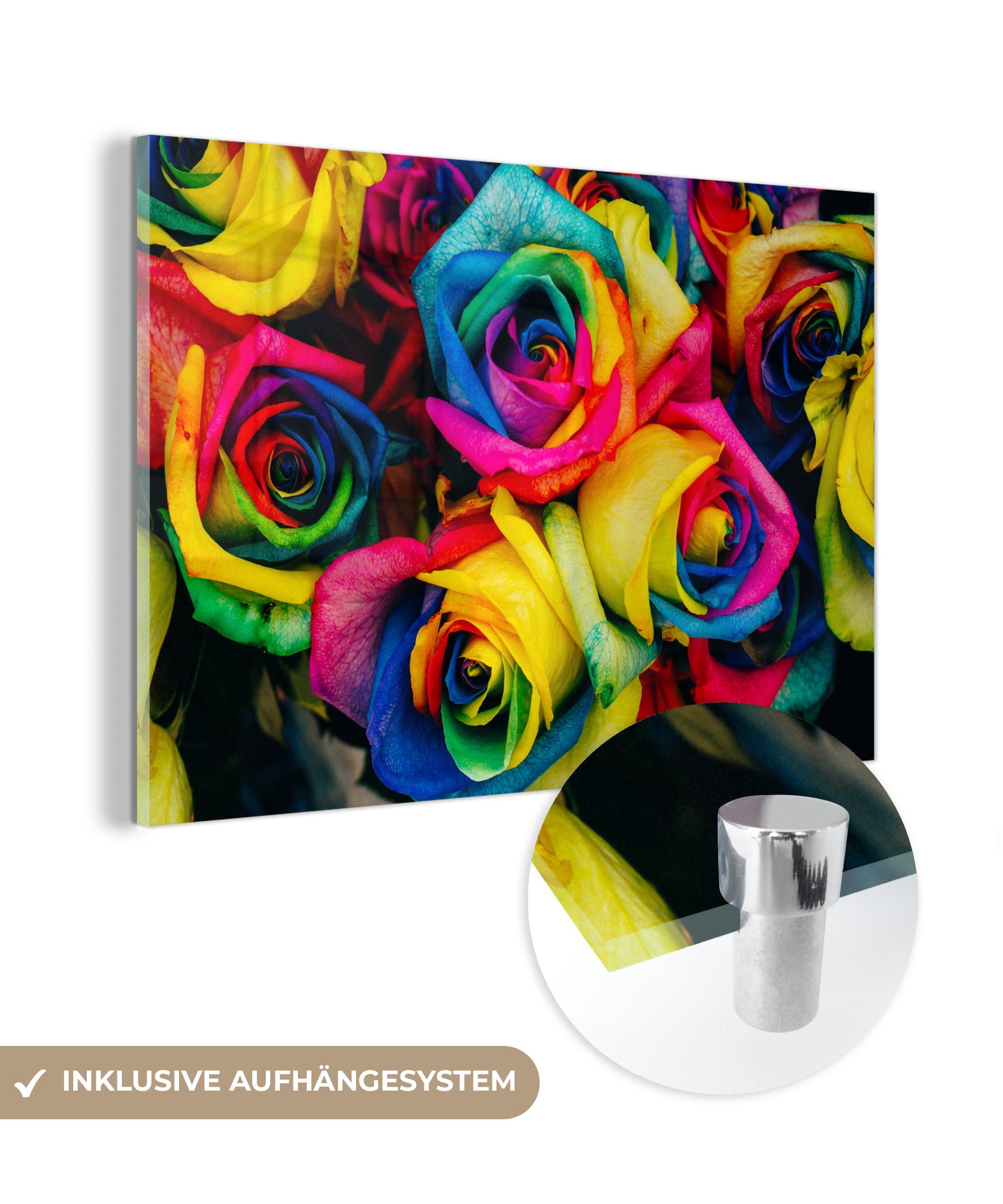 MuchoWow Acrylglasbild Rosen - Gelb - Blau, (1 St), Acrylglasbilder Wohnzimmer & Schlafzimmer