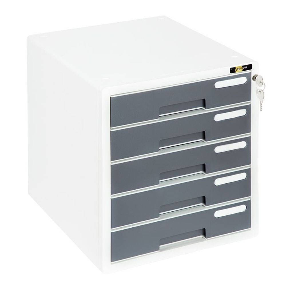 Yellow One Schubladenbox Ablagebox Ordnungsbox Dokumentenbox, passend für A4, abschließbar, (Stück, 1-Stück), mit 5 Fächern und Beschriftungsfeldern Weiß/Grau