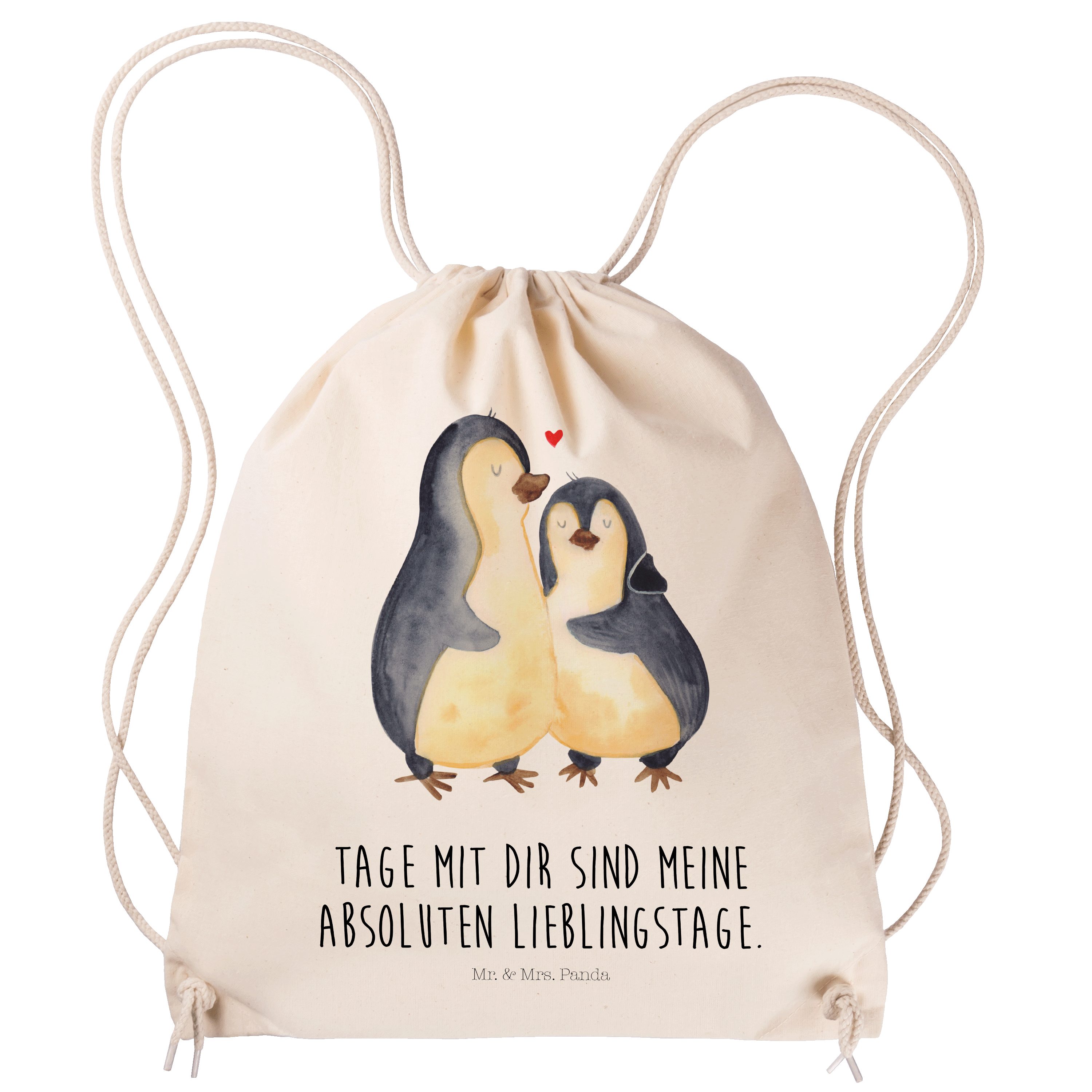 Mr. & Mrs. Panda Sporttasche Pinguin umarmend - Transparent - Geschenk, Sportbeutel Kinder, Liebes (1-tlg)